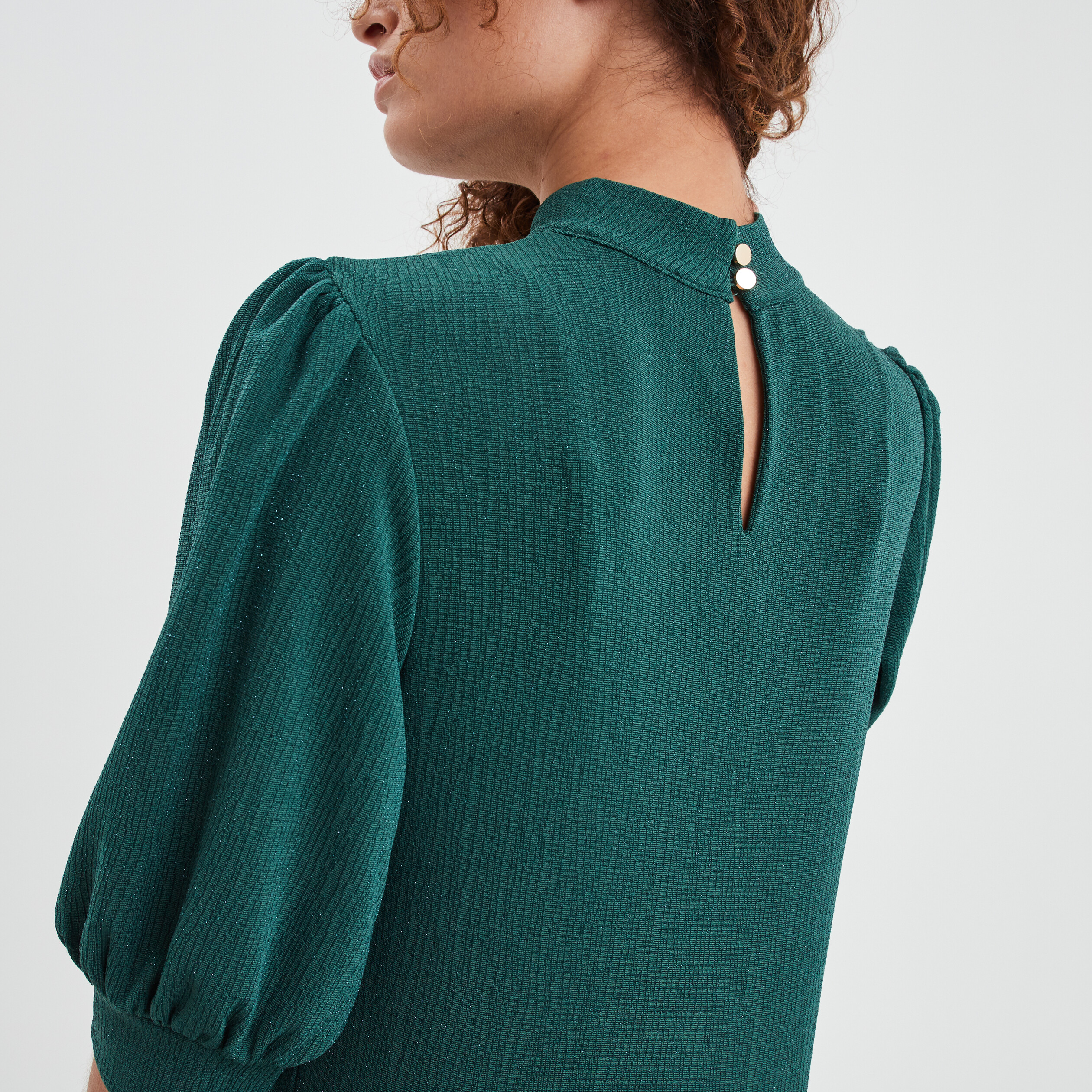 T-shirt col montant manches ballons vert foncé femme