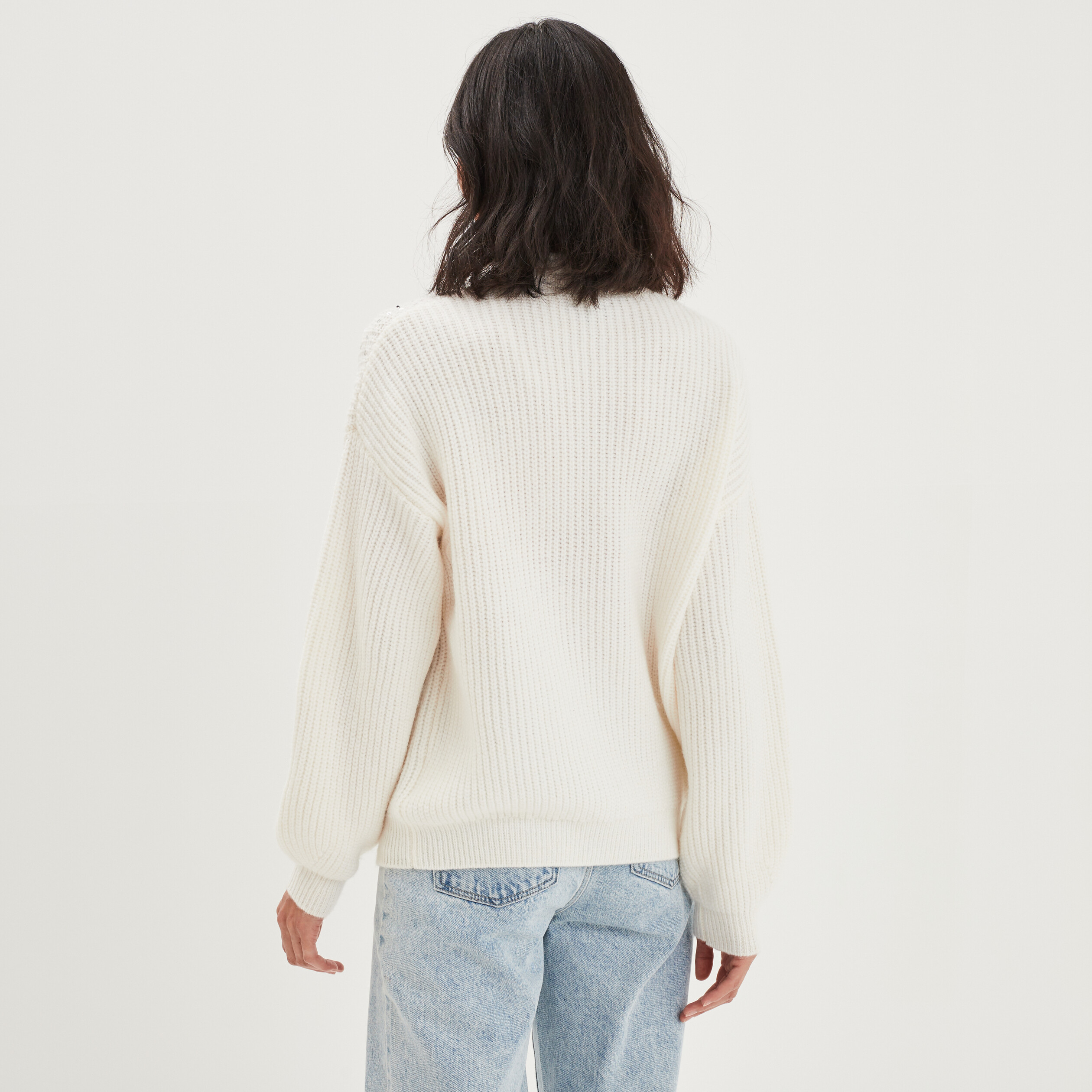 pull cotele a sequins et col montant blanc femme Pull côtelé à sequins et col montant blanc femme