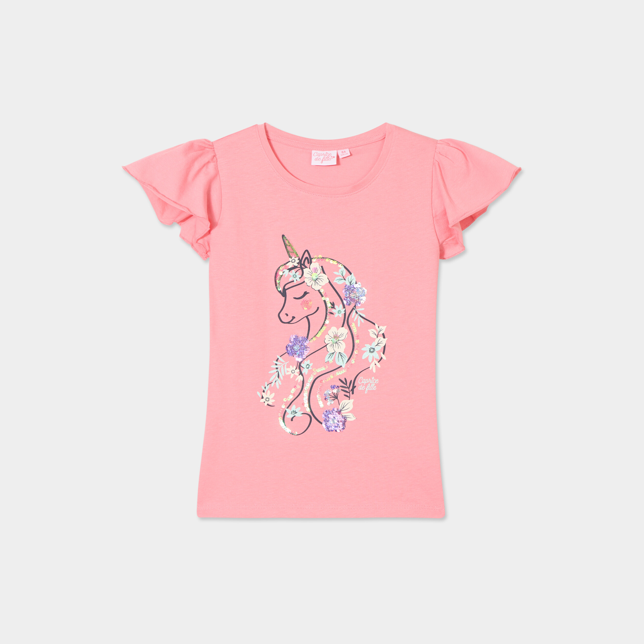 T-shirt à sequins manches volants coton rose fille