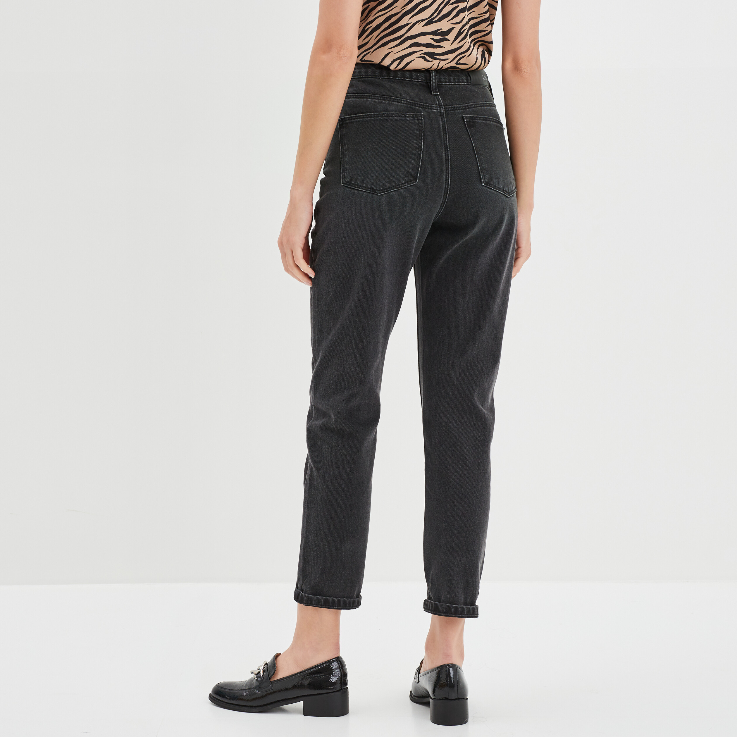 Jeans mom taille haute 7/8ème coton denim noir femme