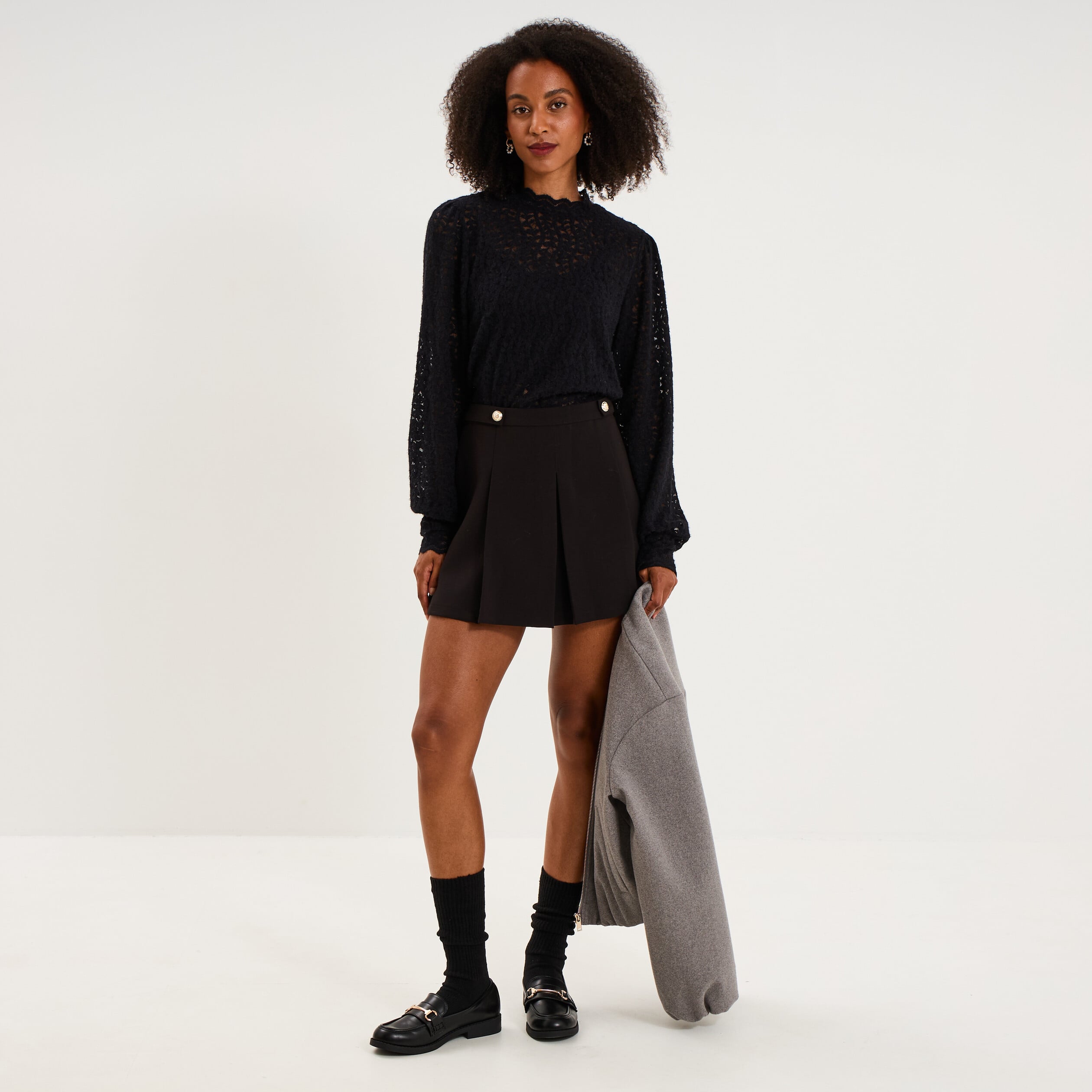 Blouse dentelle col montant noir femme