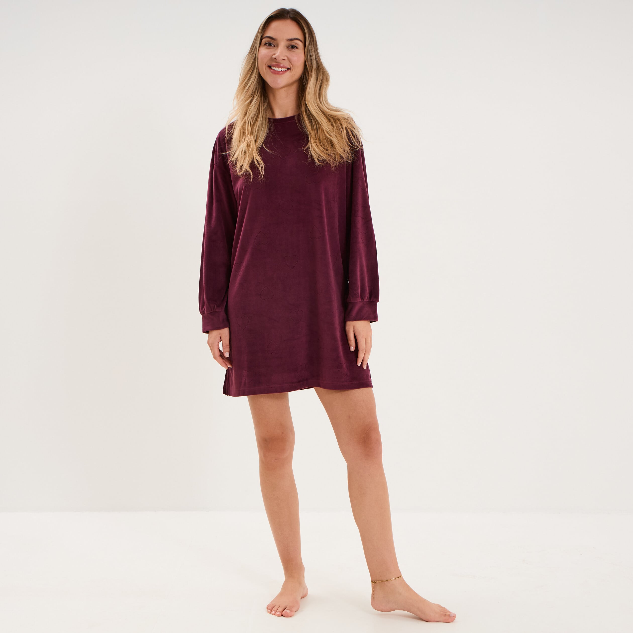 Chemise de nuit effet velours courte prune femme