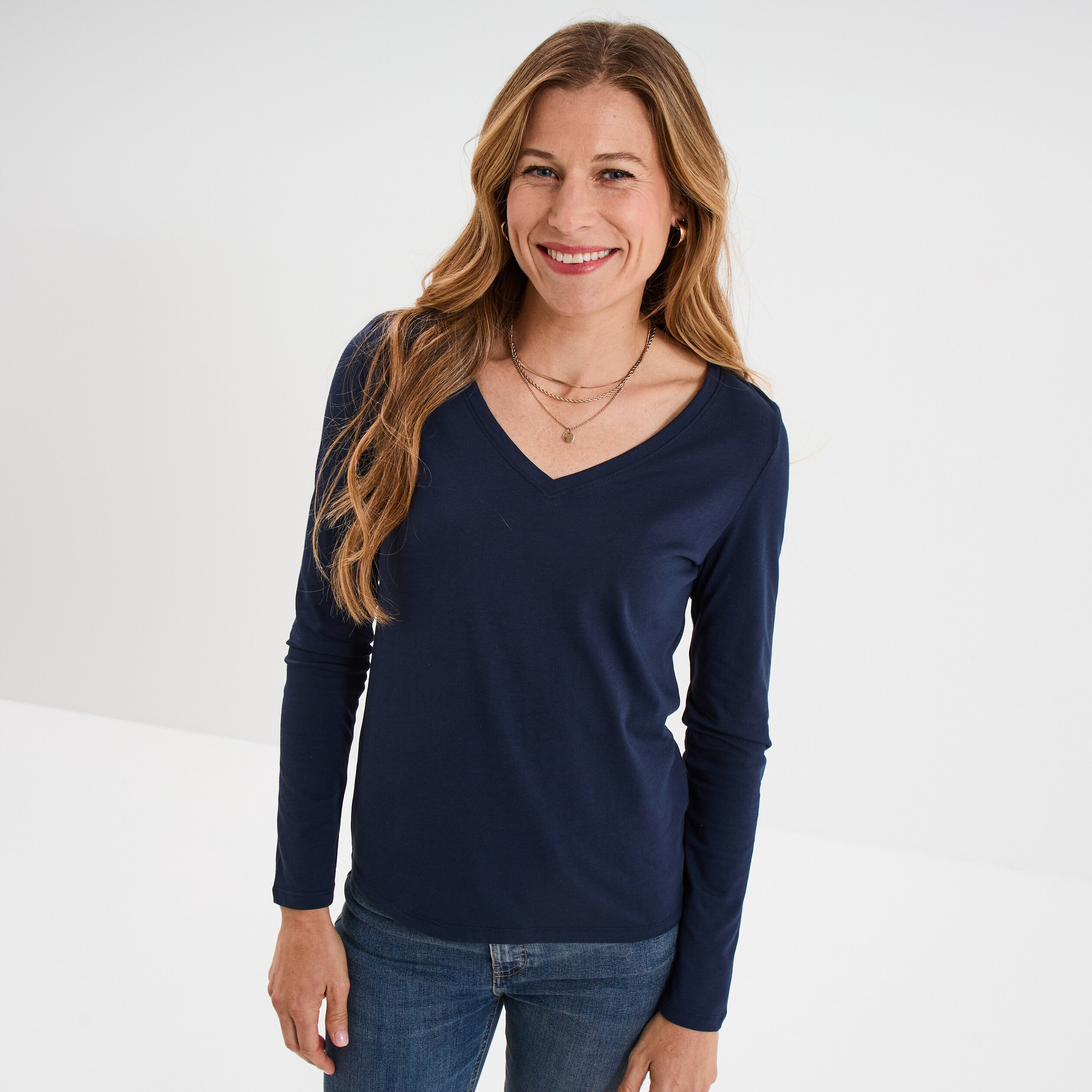 t shirt col en v manches longues coton bleu marine femme T-shirt col en V manches longues coton bleu marine femme