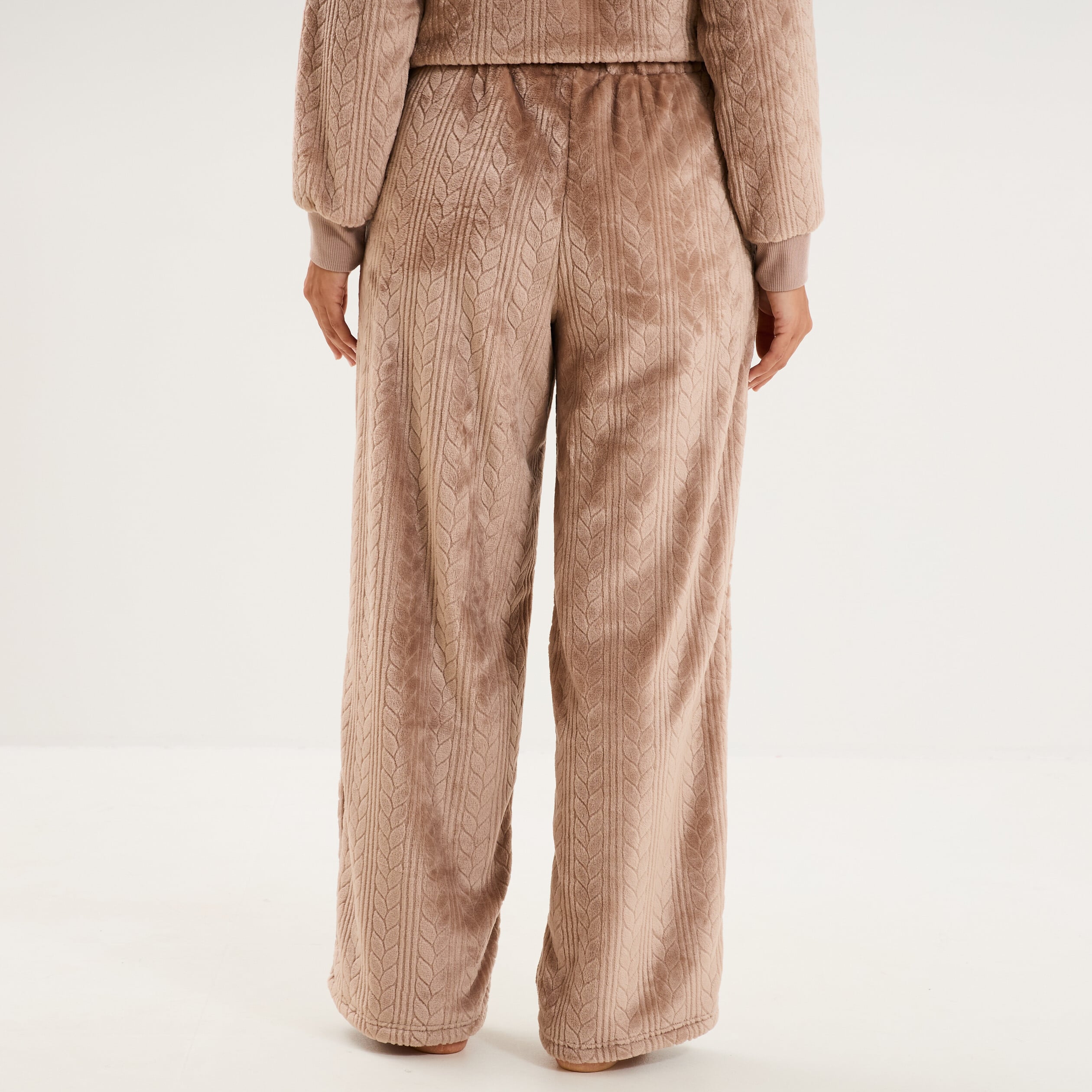 Pantalon effet polaire d&eacute;tails torsades beige femme