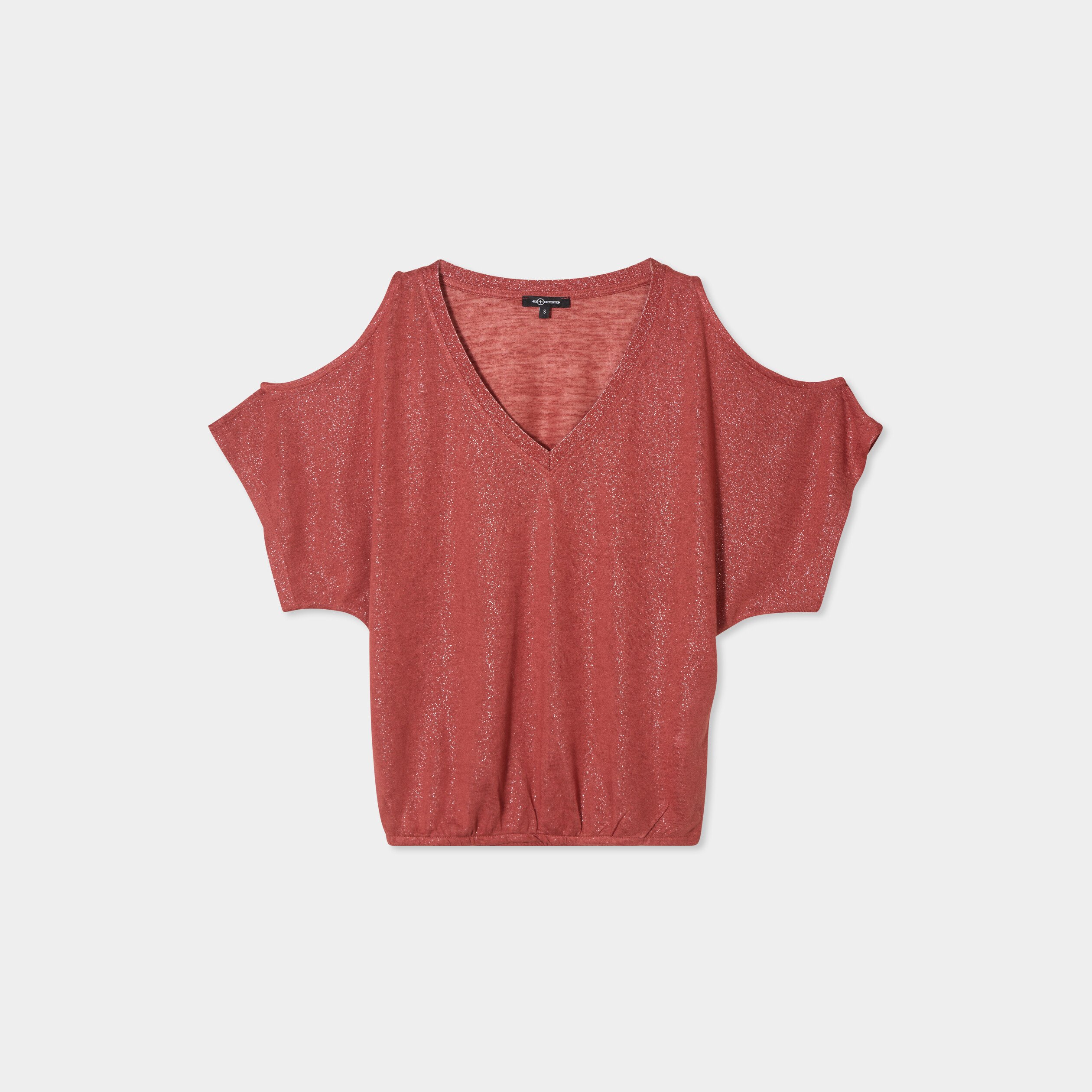 t shirt epaules ouvertes col en v marron cognac femme T-shirt épaules ouvertes col en V marron cognac femme