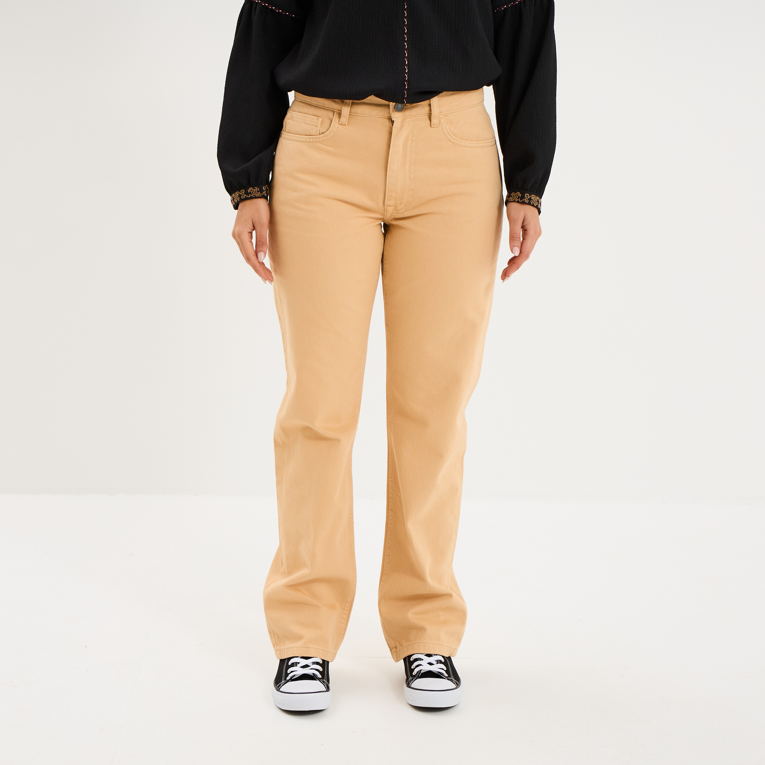 Pantalon droit coton beige femme