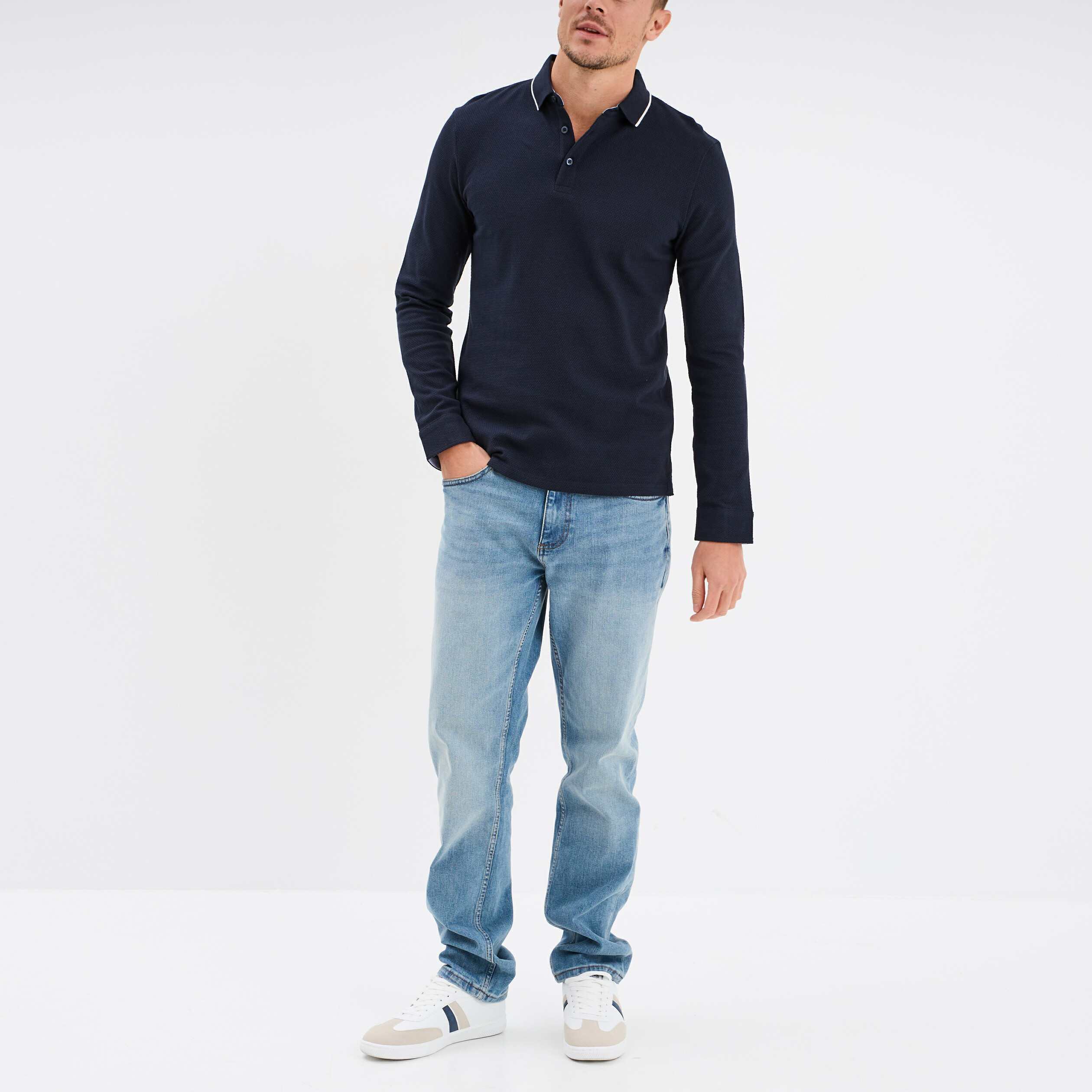 Polo droit manches longues coton bleu fonc&eacute; homme