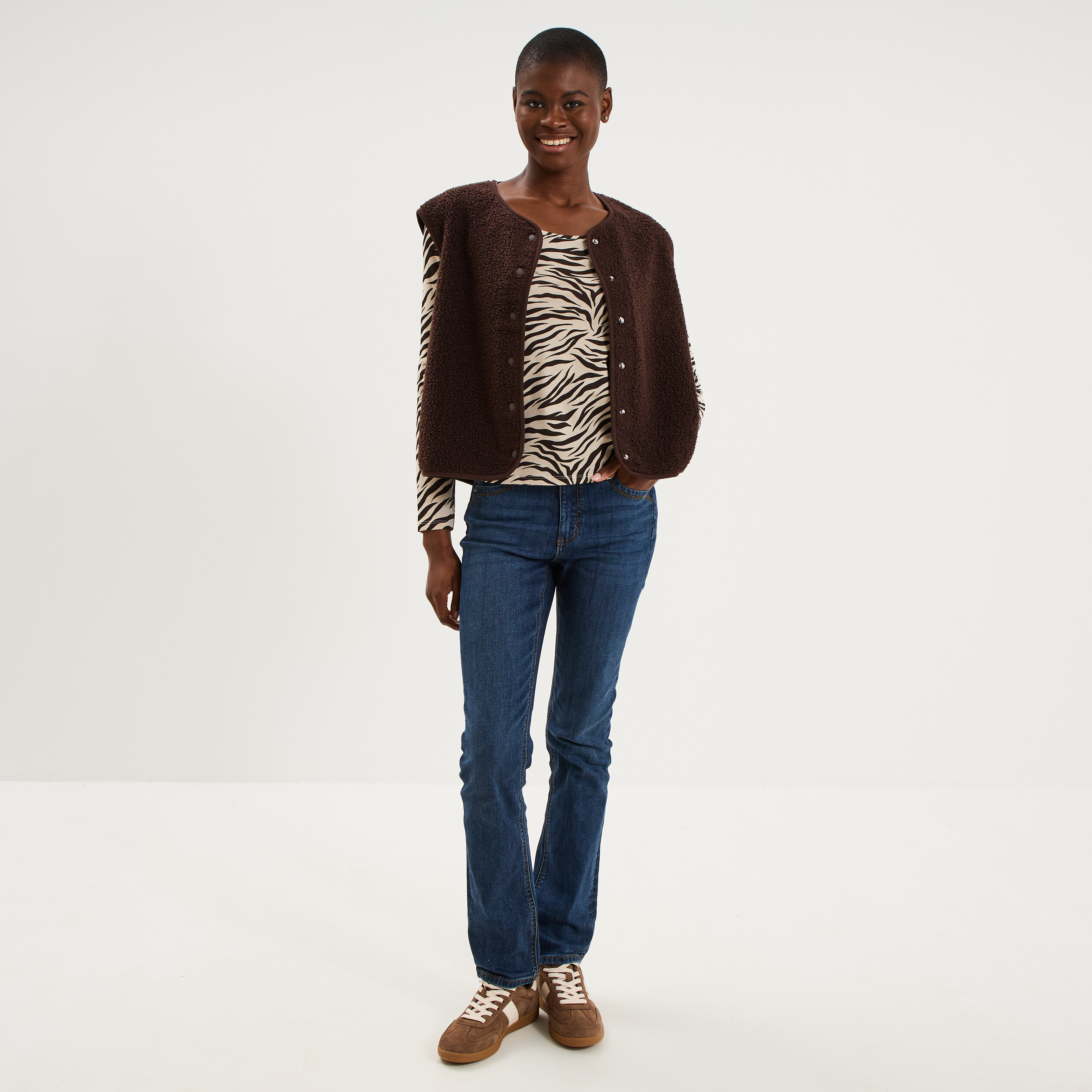 T-shirt col rond manches longues coton beige clair femme