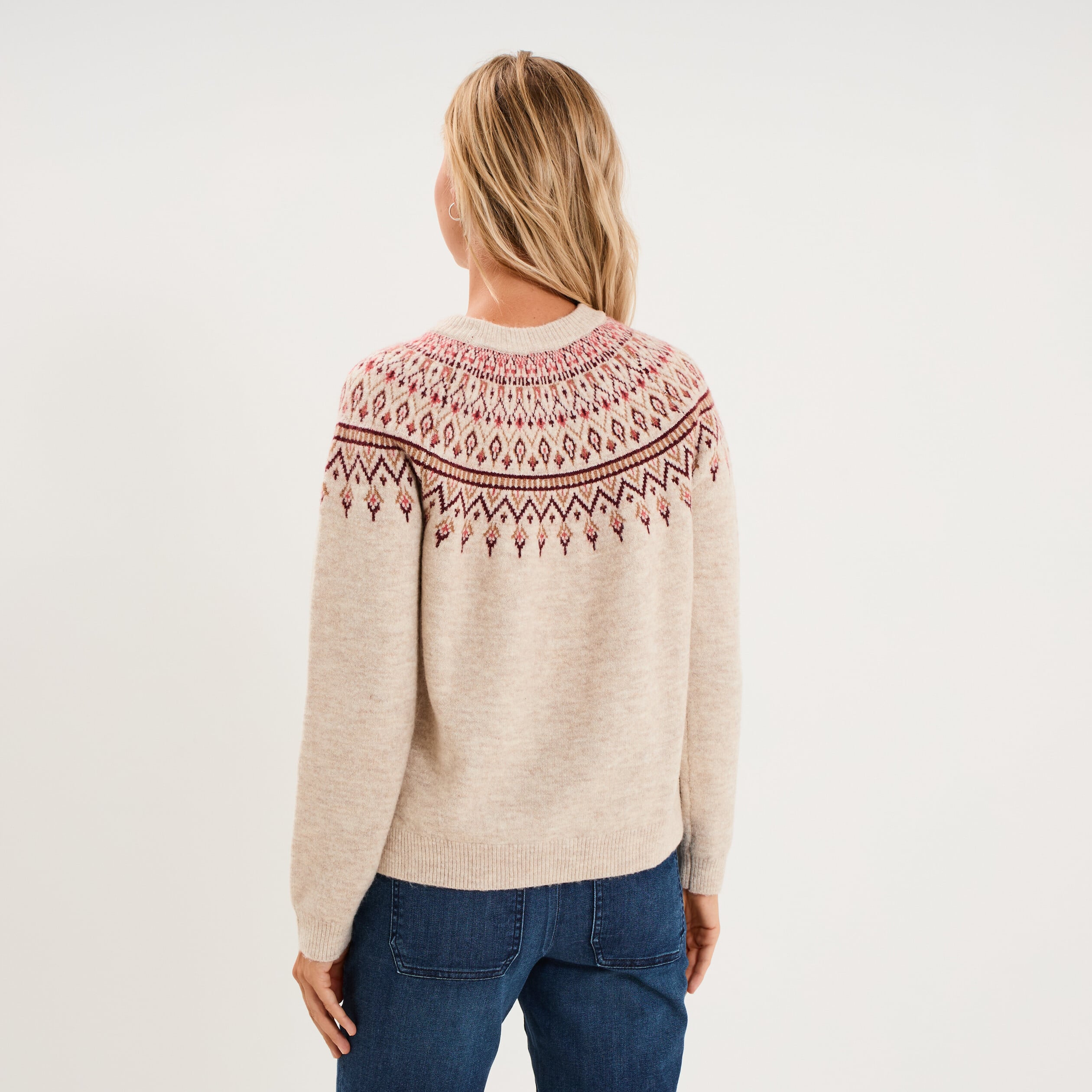 Pull jacquard col rond manches longues ecru femme