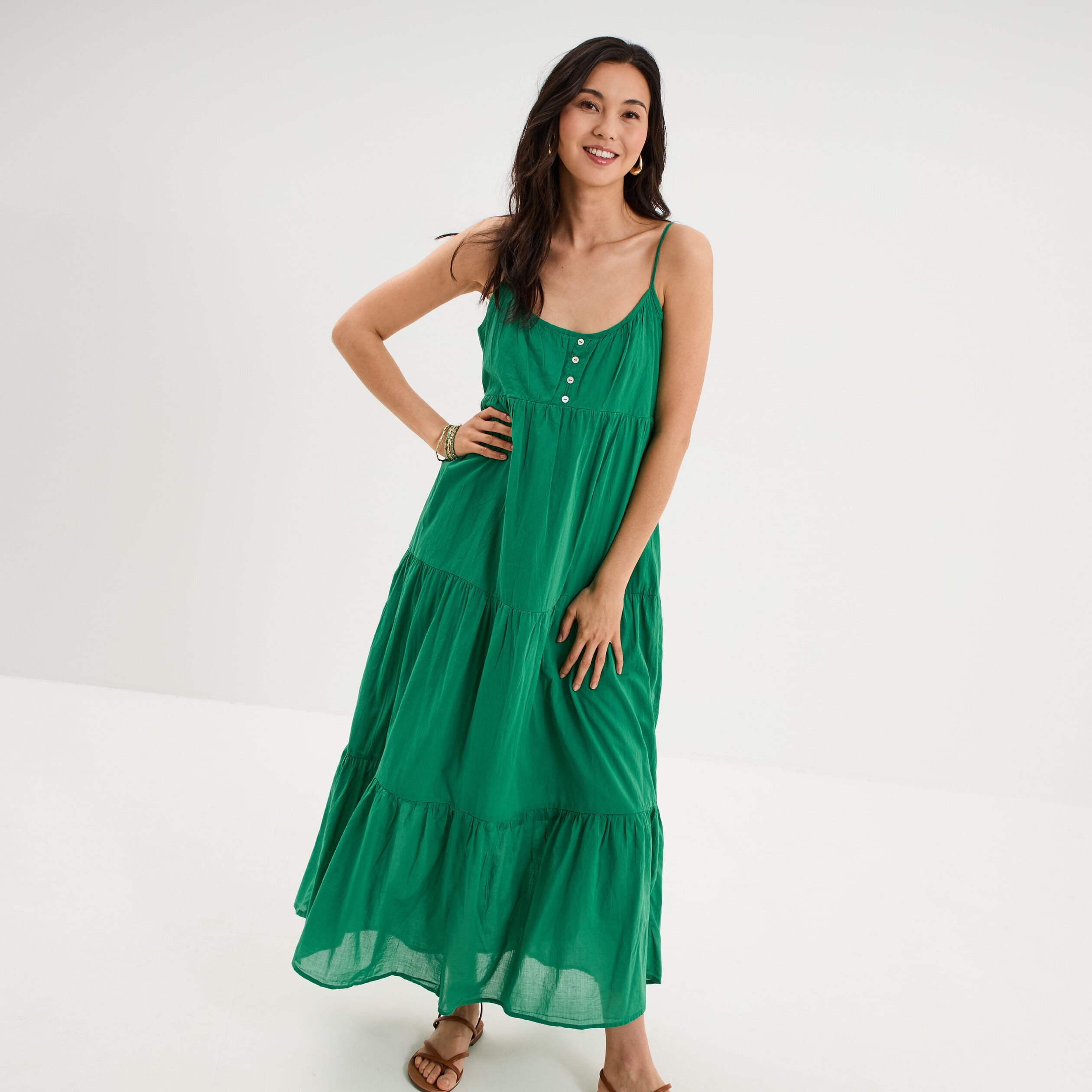 Robe longue &agrave; volants fines bretelles vert canard femme