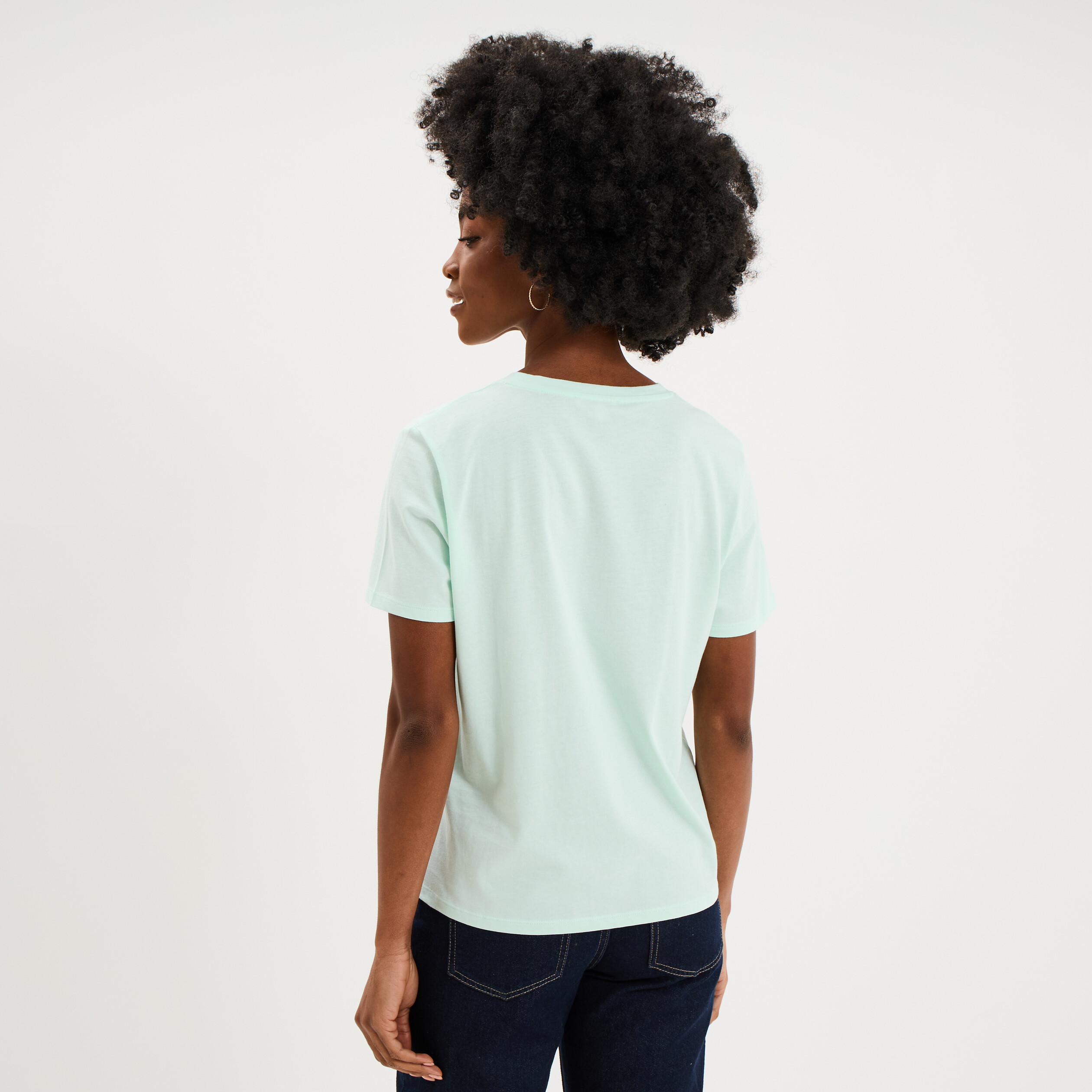 T-shirt col rond manches courtes coton vert clair femme