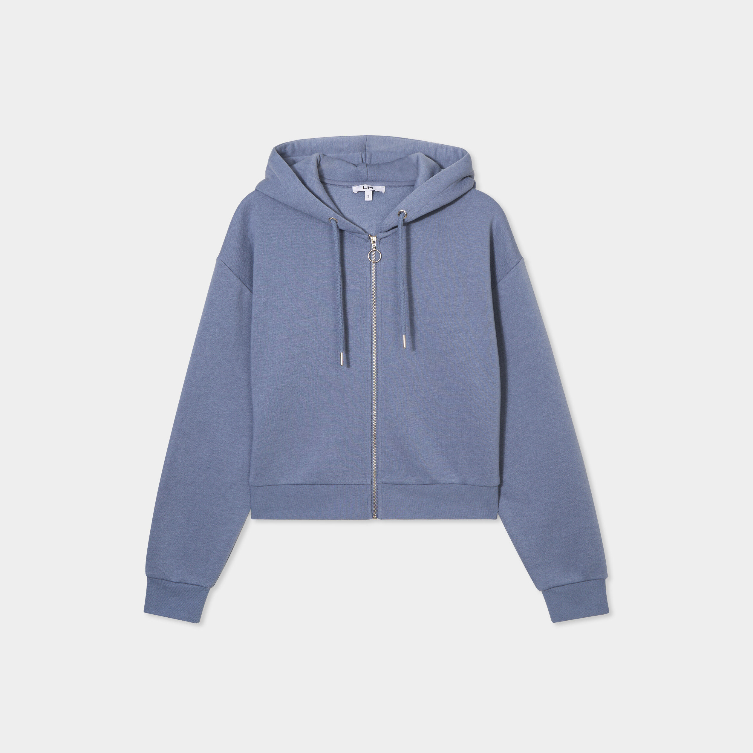 Sweat zipp&eacute; &agrave; capuche court bleu gris femme