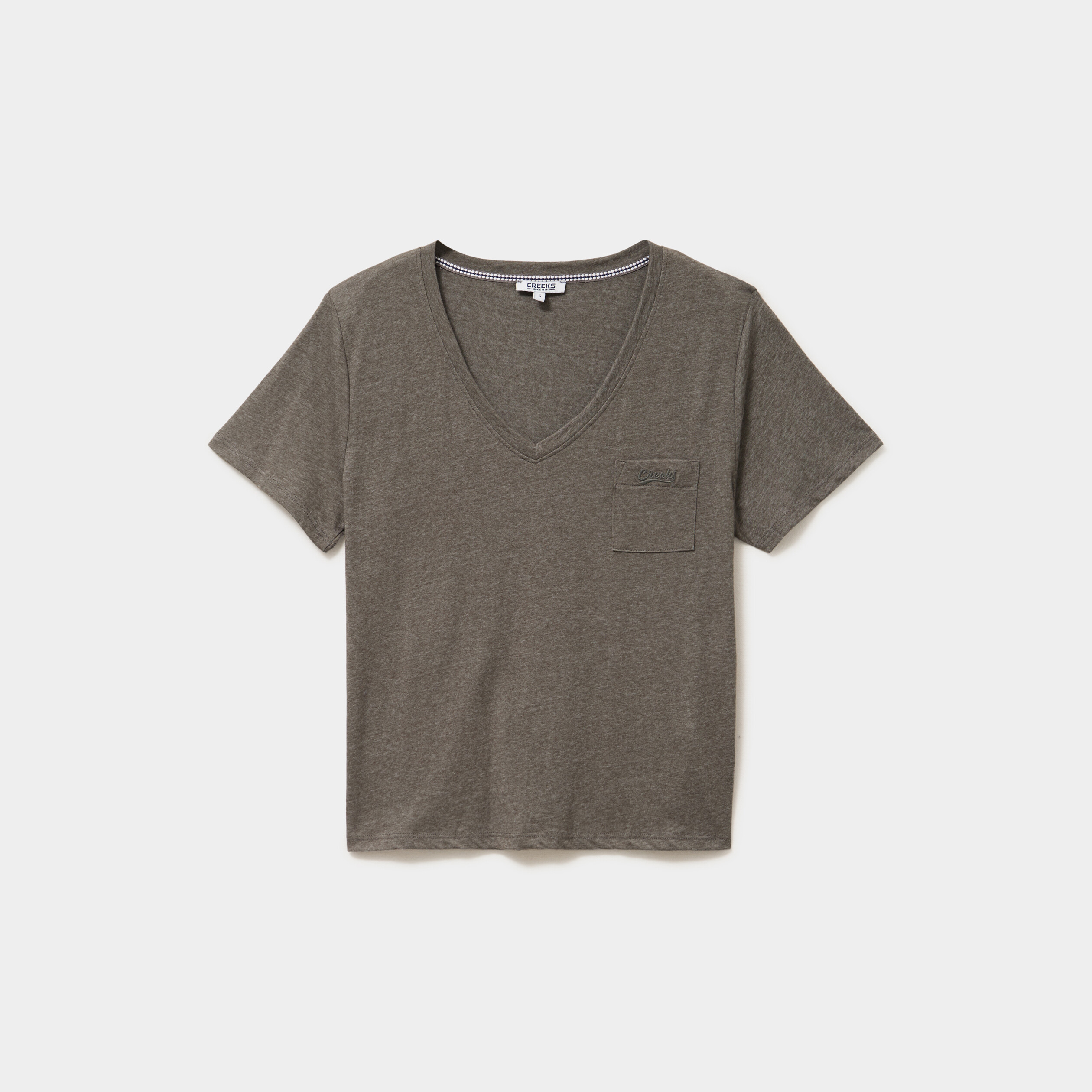 T-shirt col en V manches courtes vert kaki femme