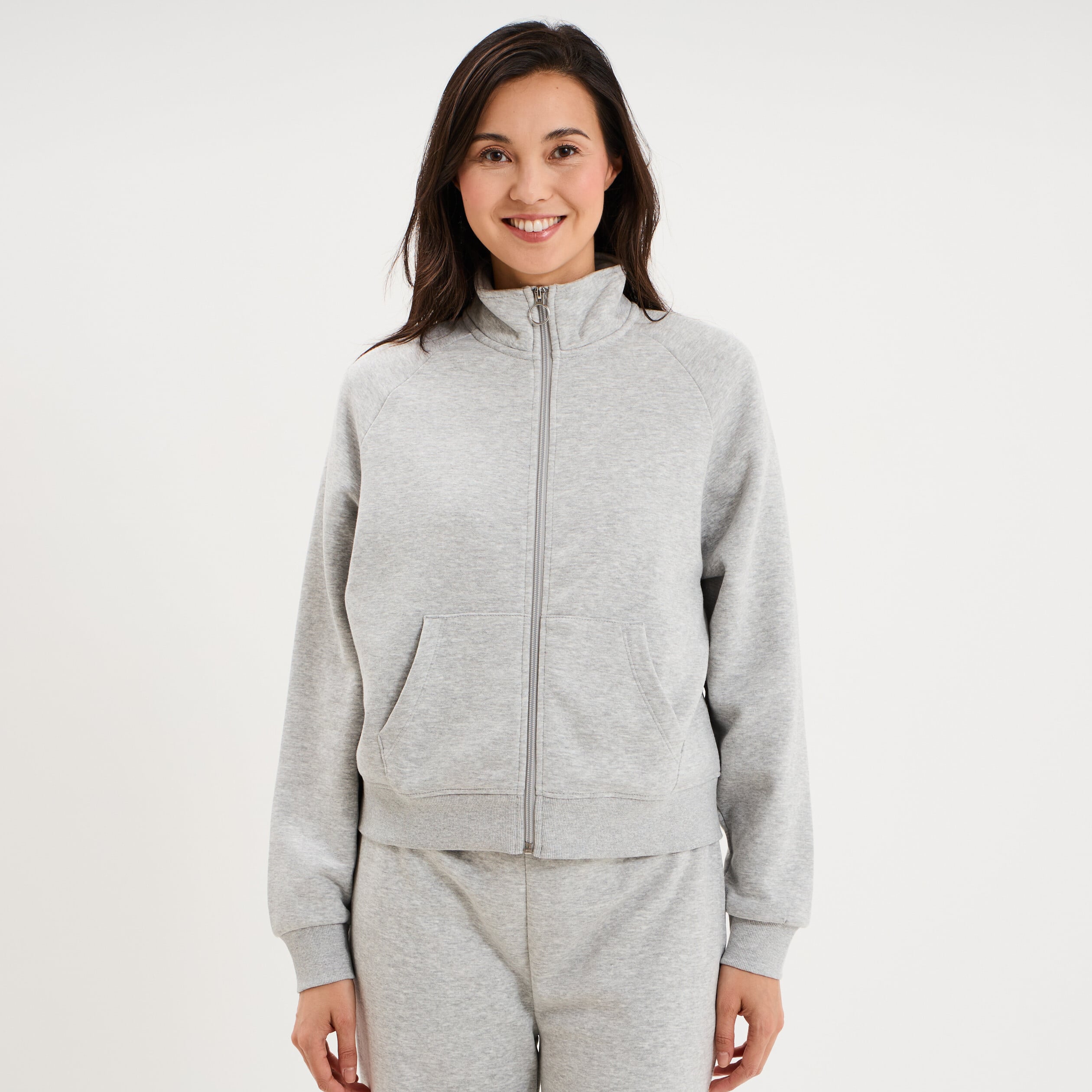 Sweat zipp&eacute; molleton col montant gris clair femme