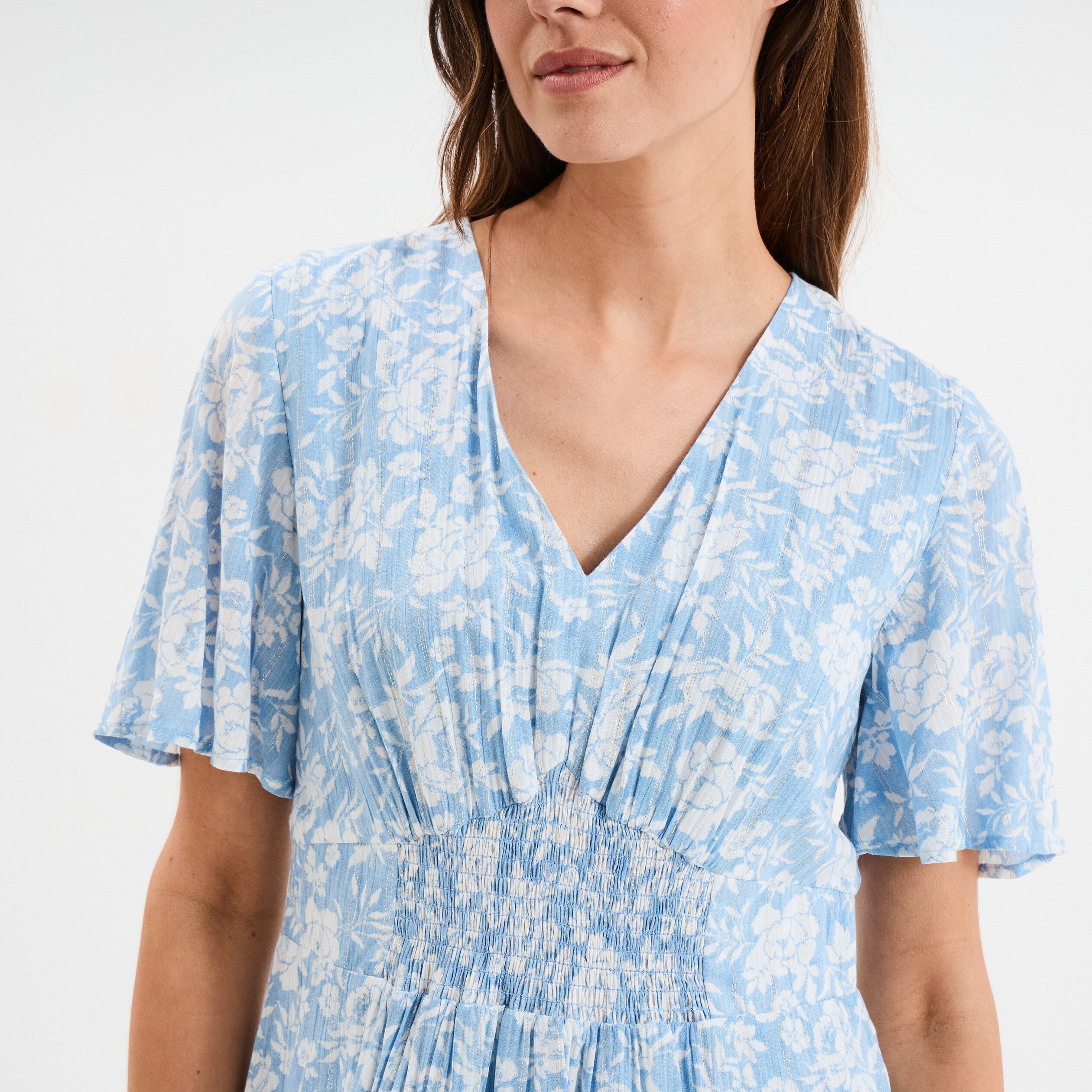 robe col en v taille smockee creeks bleu ciel femme Robe col en V taille smockée Creeks bleu ciel femme