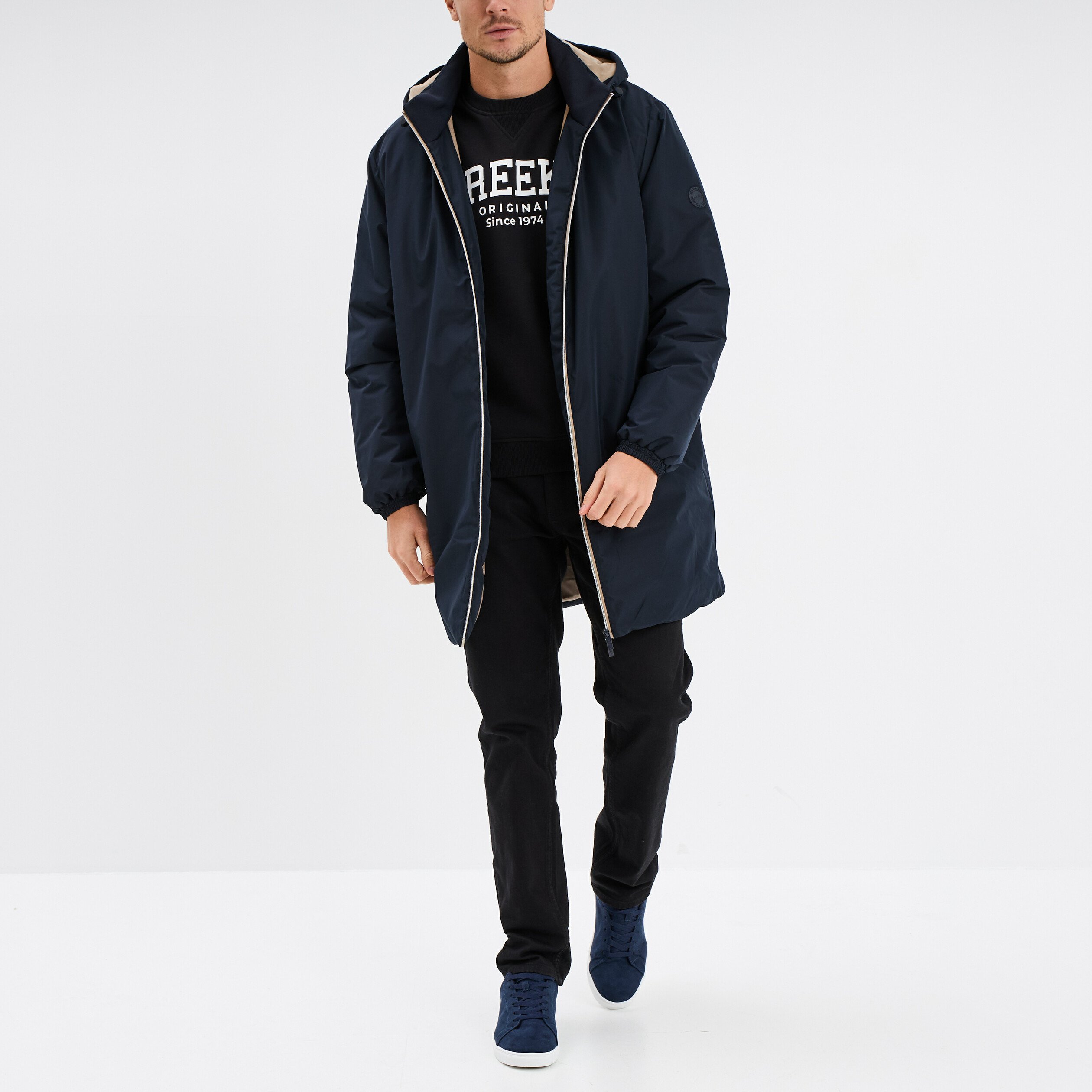 parka deperlante doublee a capuche bleu fonce homme Parka déperlante doublée à capuche bleu foncé homme