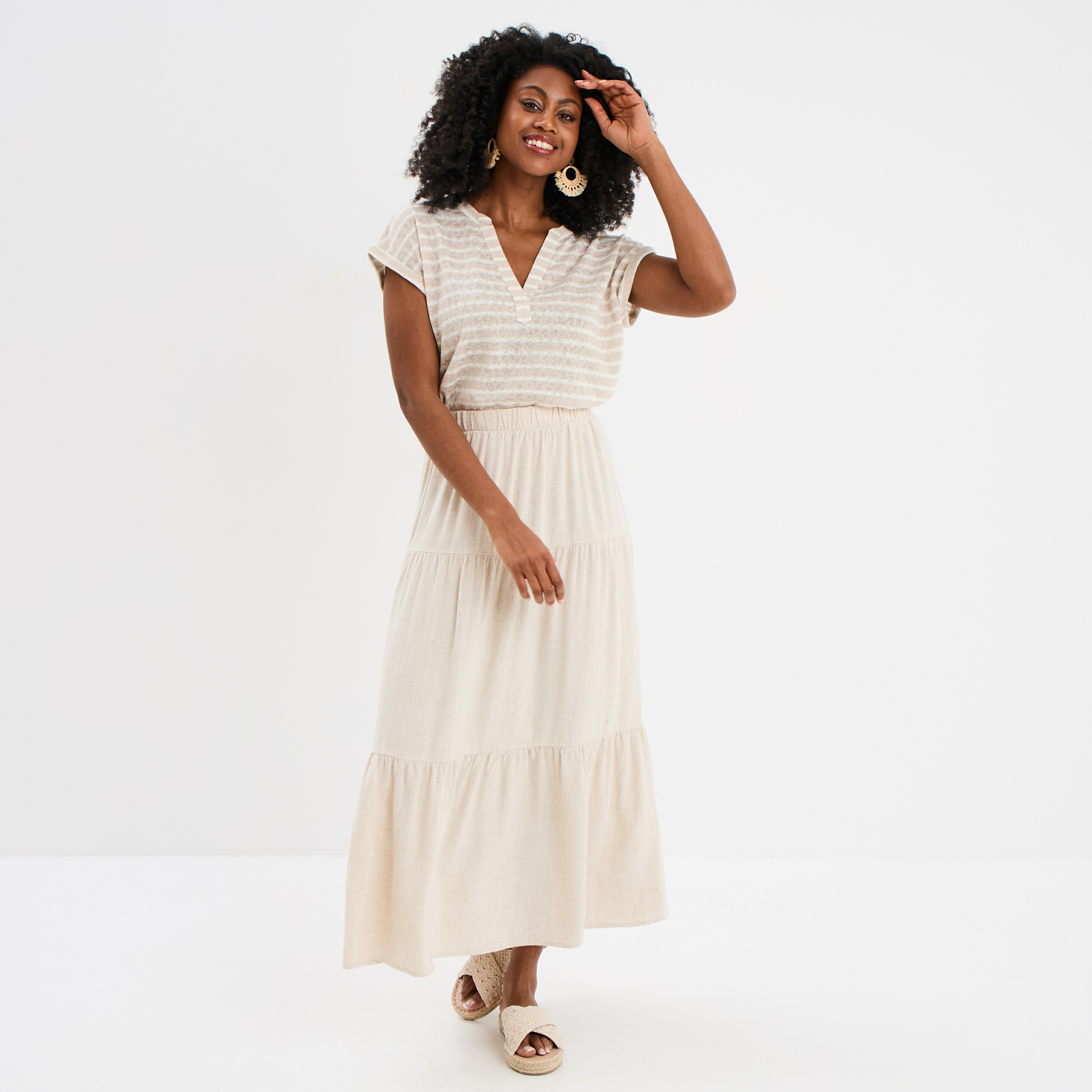 jupe midi evasee lin melange beige femme Jupe midi évasée lin mélangé beige femme