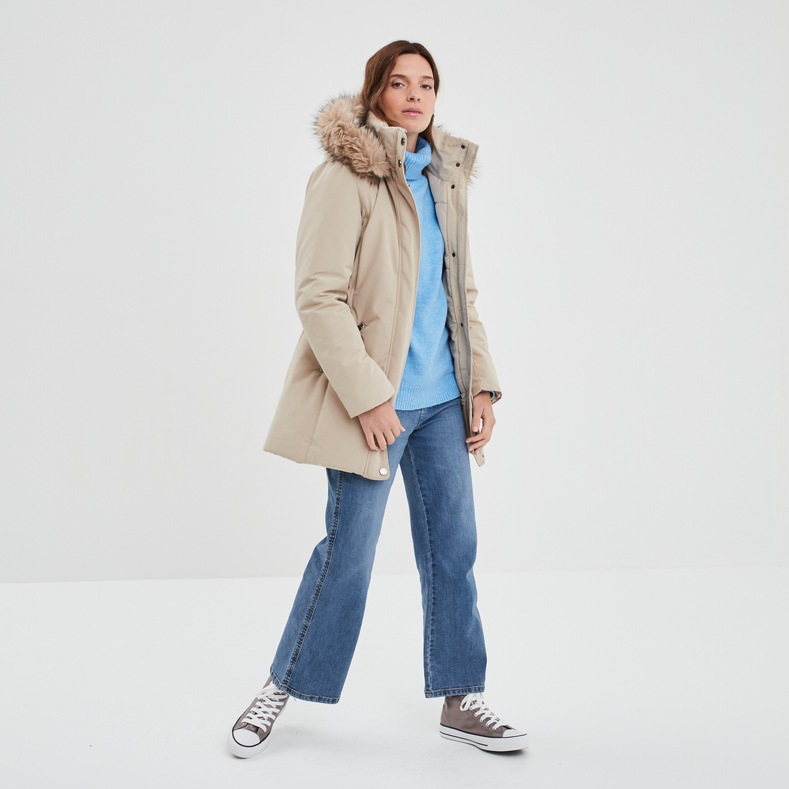 Pull col roulé droit manches longues bleu femme