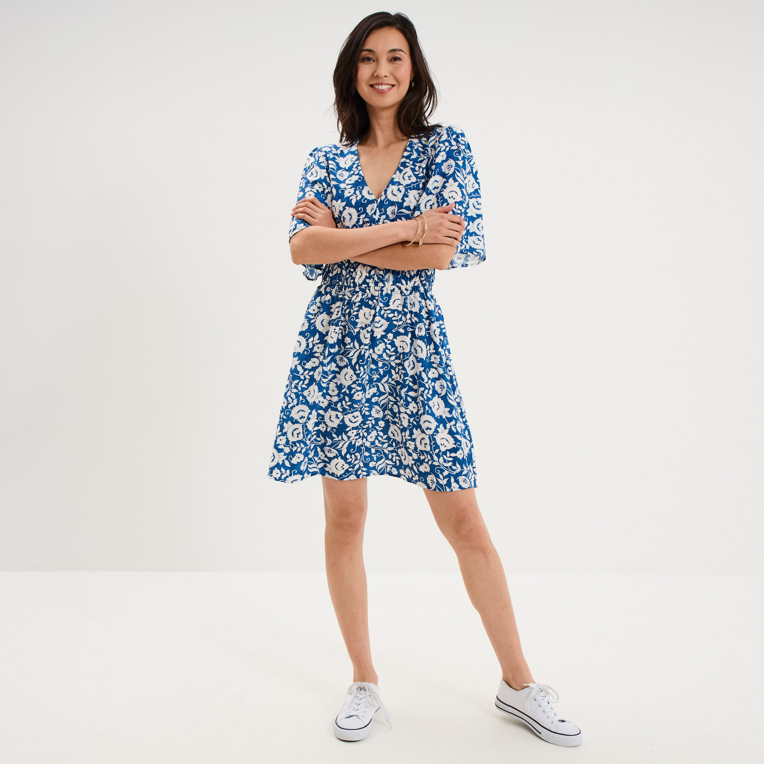 Robe courte taille &eacute;lastiqu&eacute;e bleu marine femme