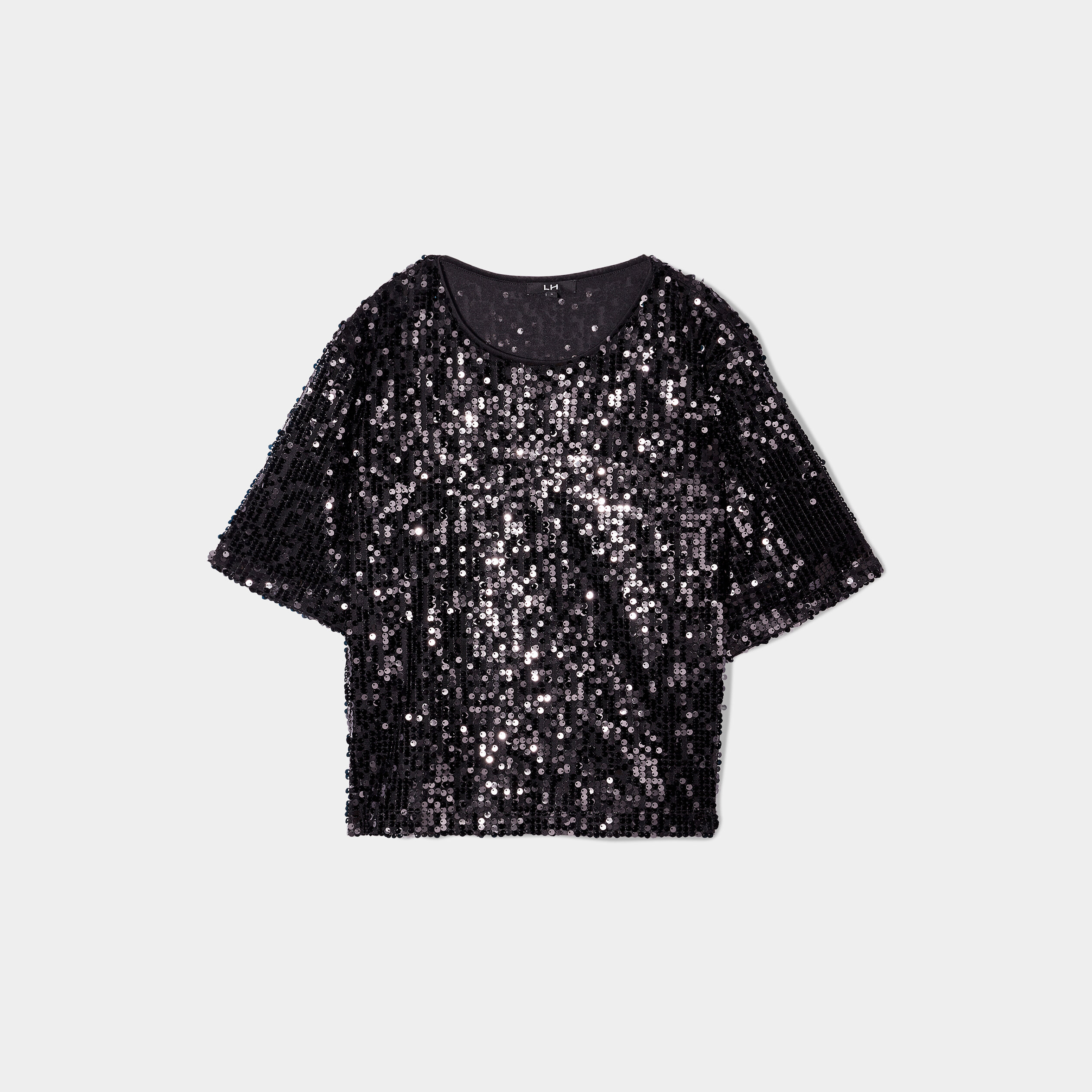 T-shirt à sequins manches courtes droit noir femme