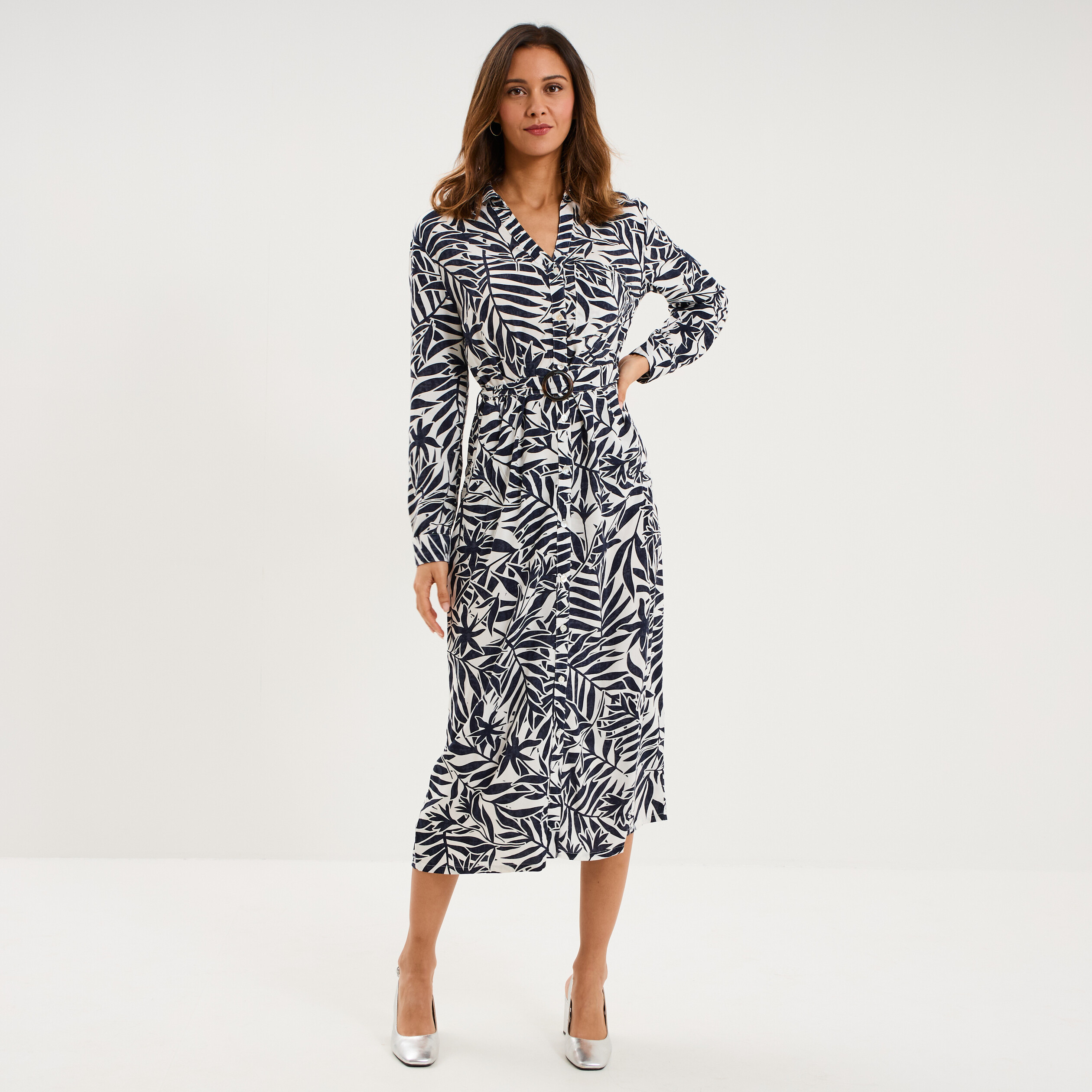 Robe chemise longue ceintur&eacute;e ecru femme