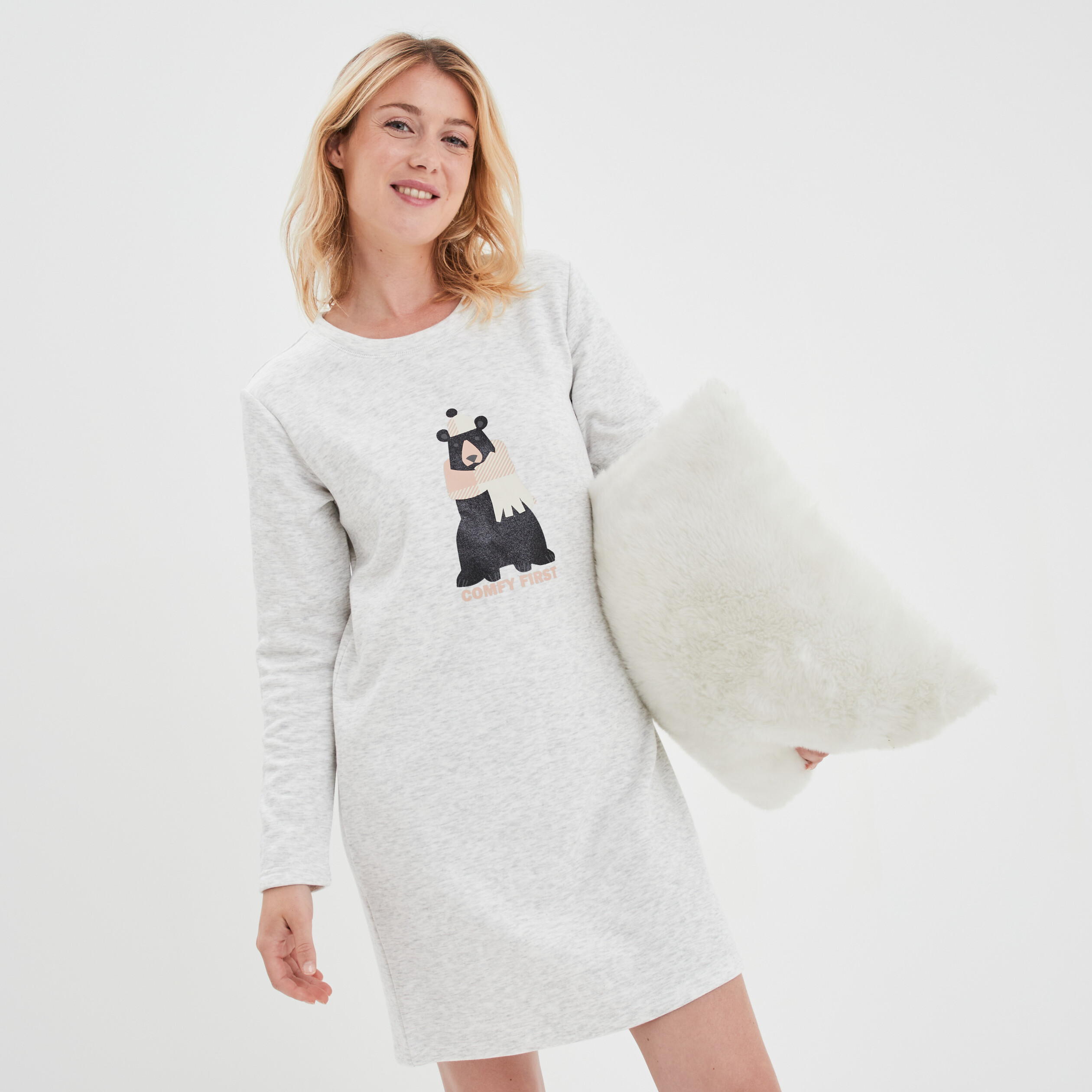 Chemise de nuit t shirt manches longues gris clair femme