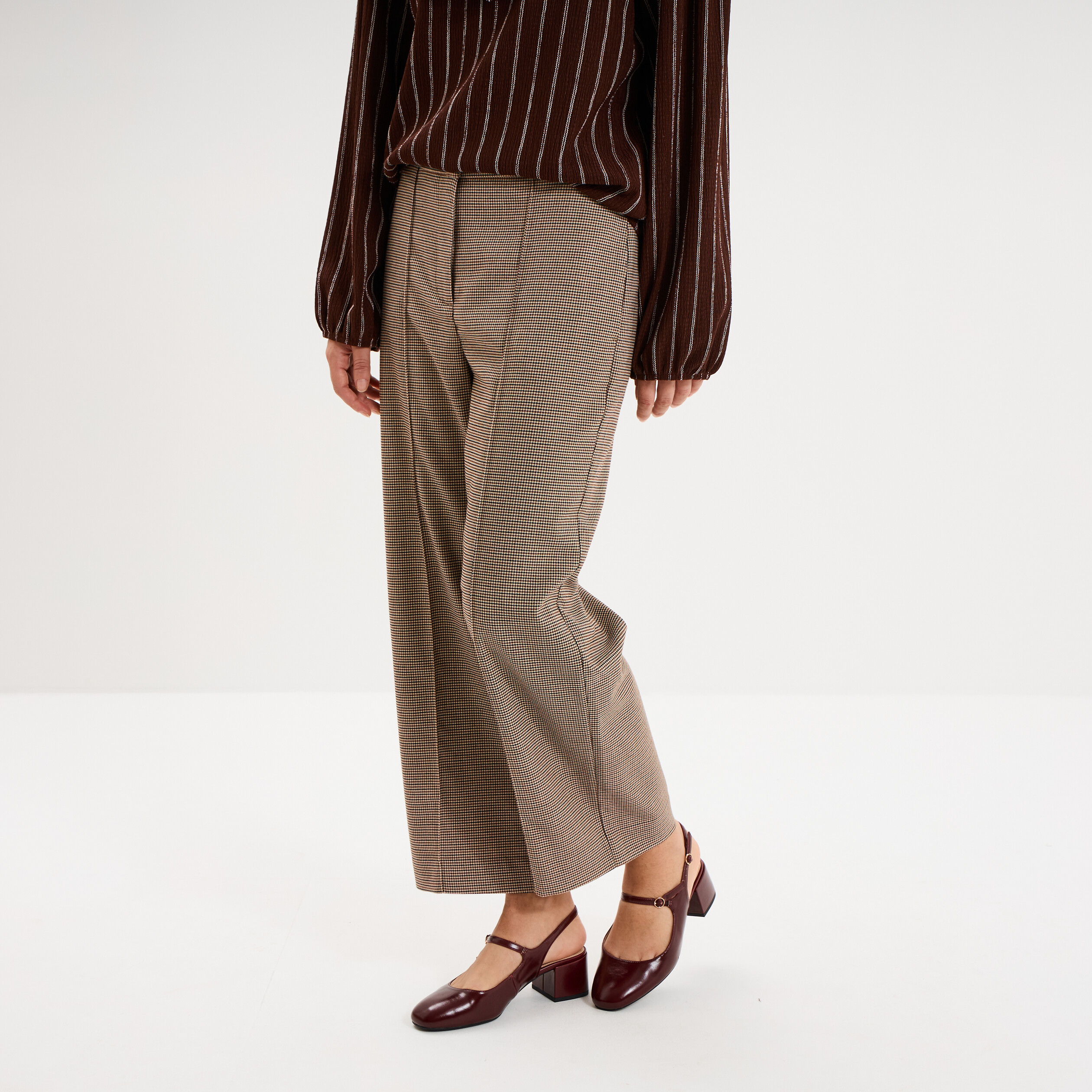 Pantalon droit cropped taille haute marron femme