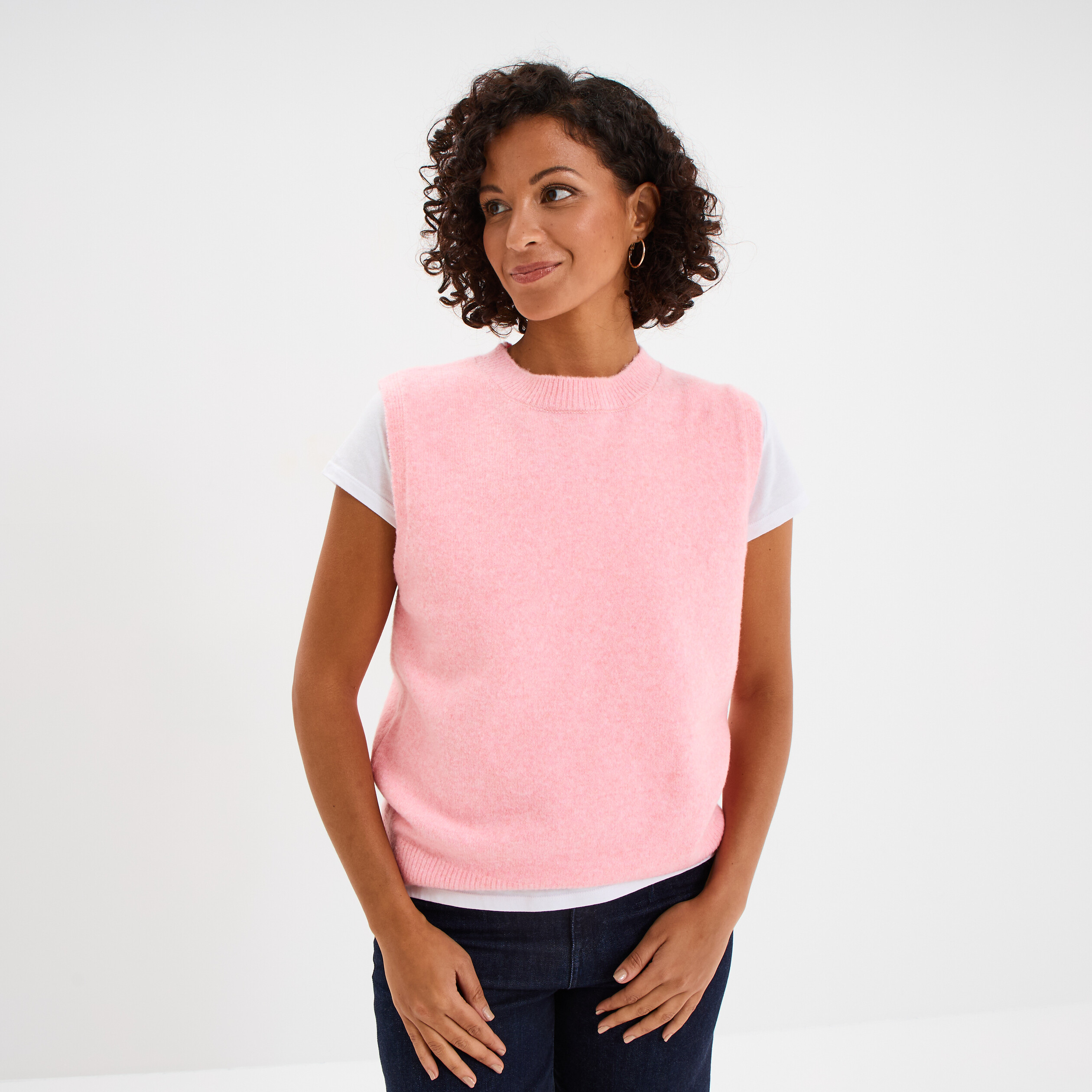 Pull sans manches col rond rose clair femme