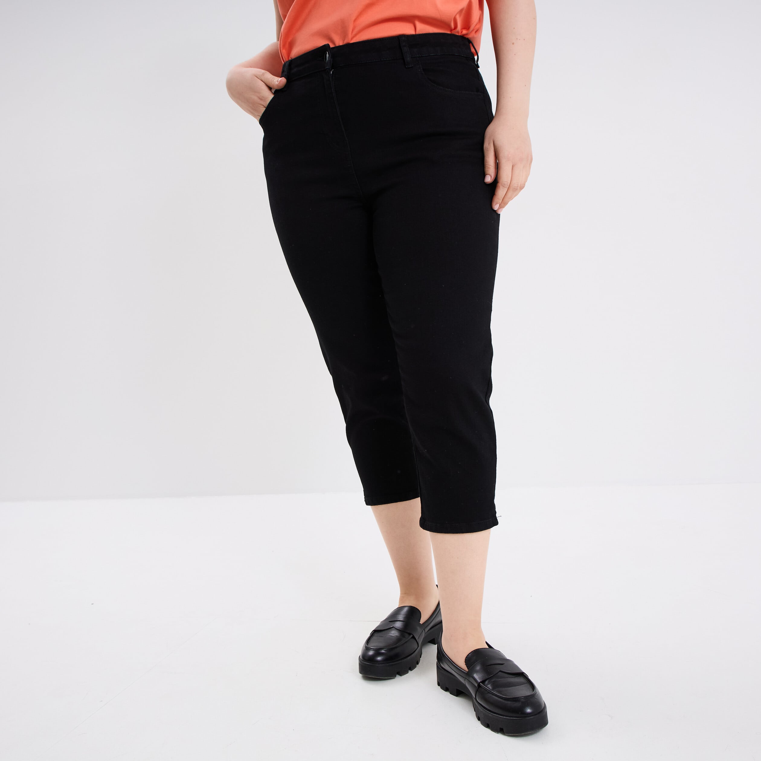 Pantalon capri skinny taille haute noir femme grande taille