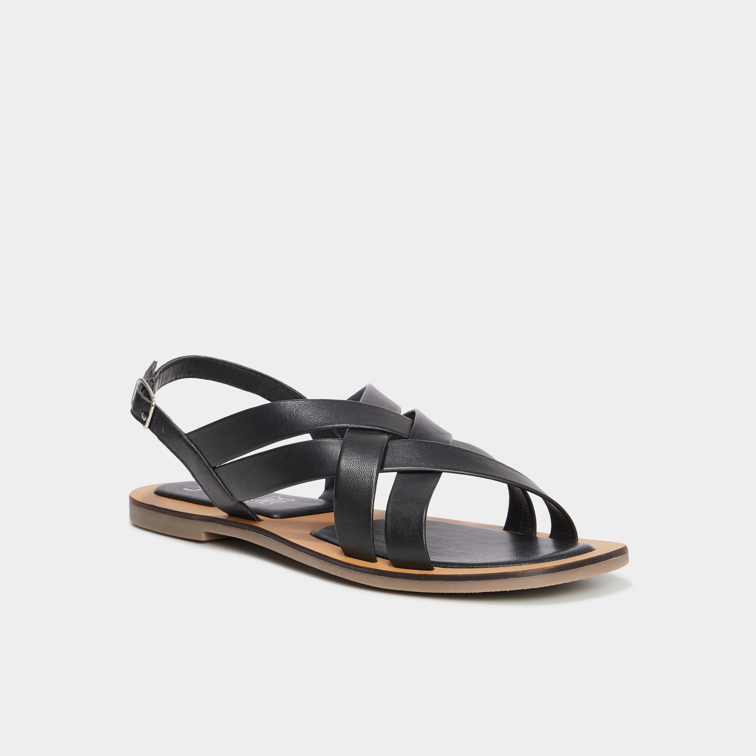 Sandales plates brides crois&eacute;es en cuir noir femme
