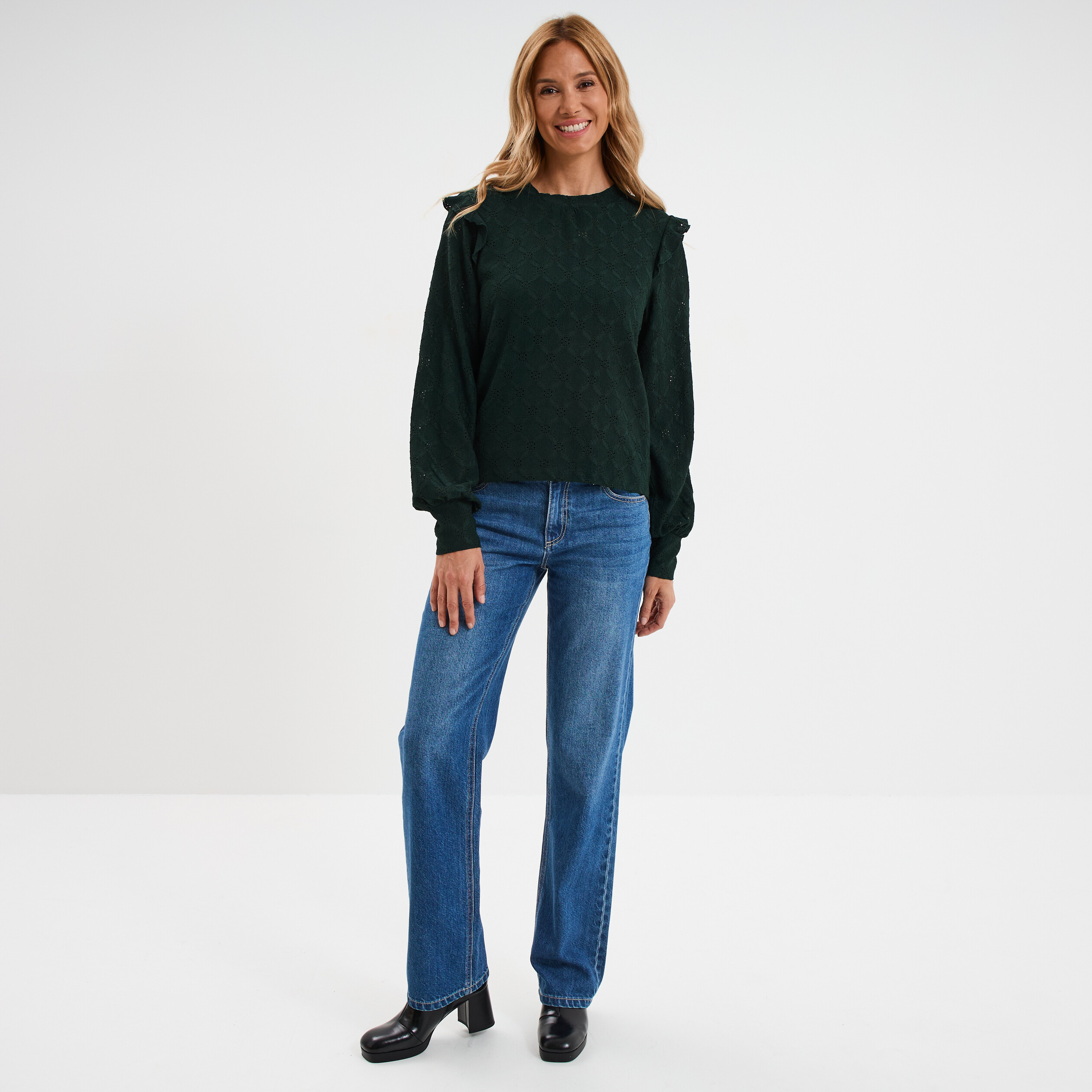 blouse details ajoures et volants vert fonce femme Blouse détails ajourés et volants vert foncé femme