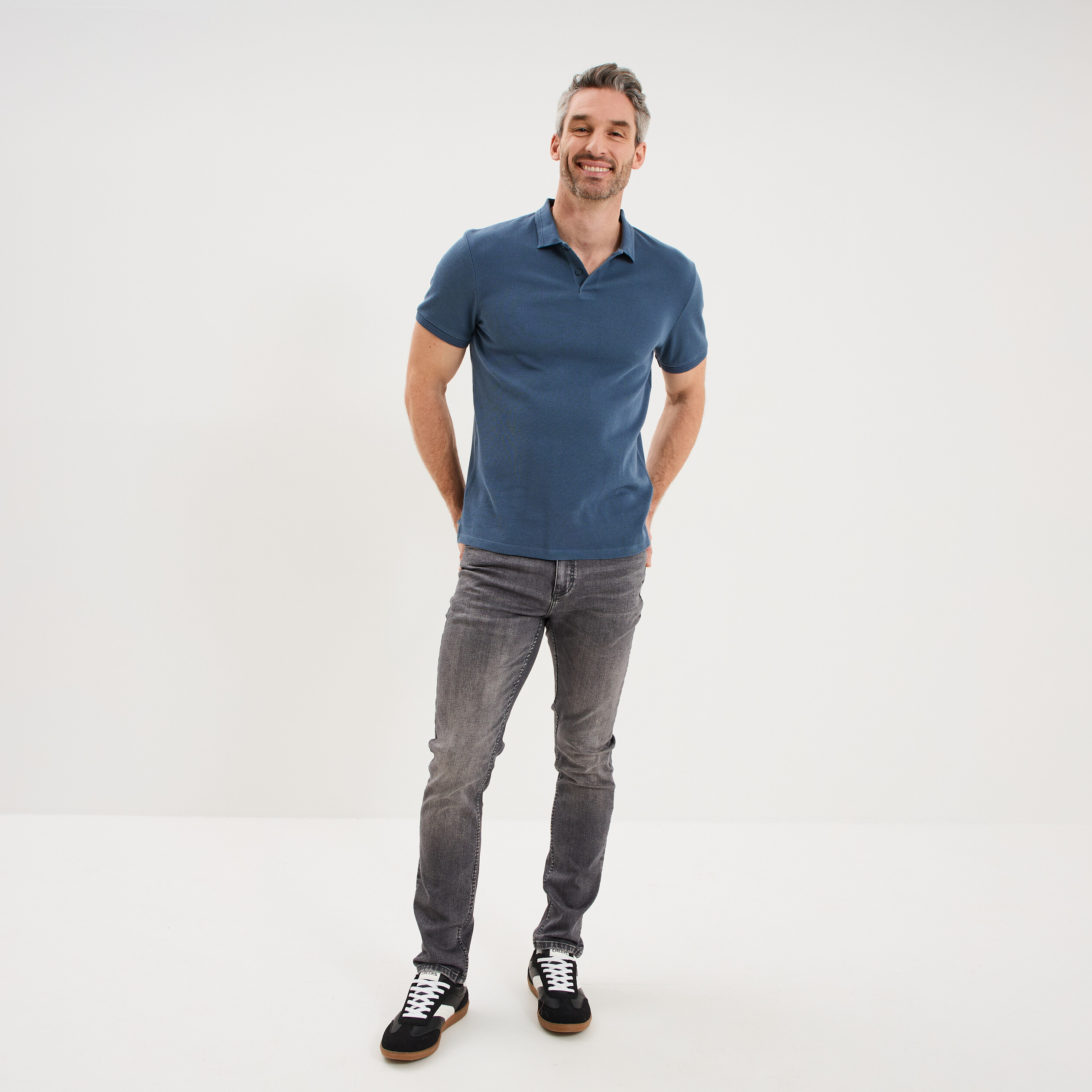 Polo textur&eacute; manches courtes coton bleu gris homme