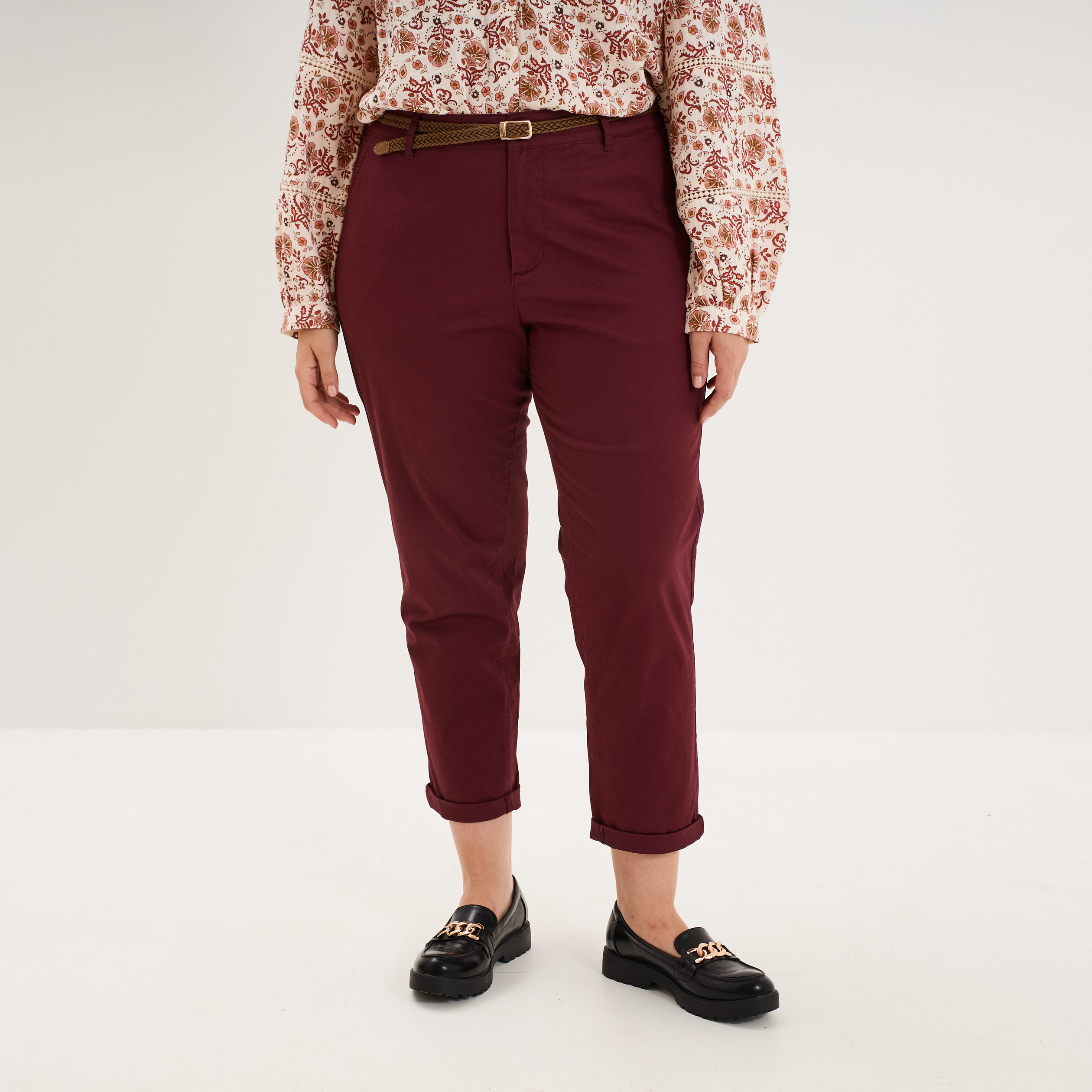 Pantalon chino taille haute coton violet fonc&eacute; femme grande taille
