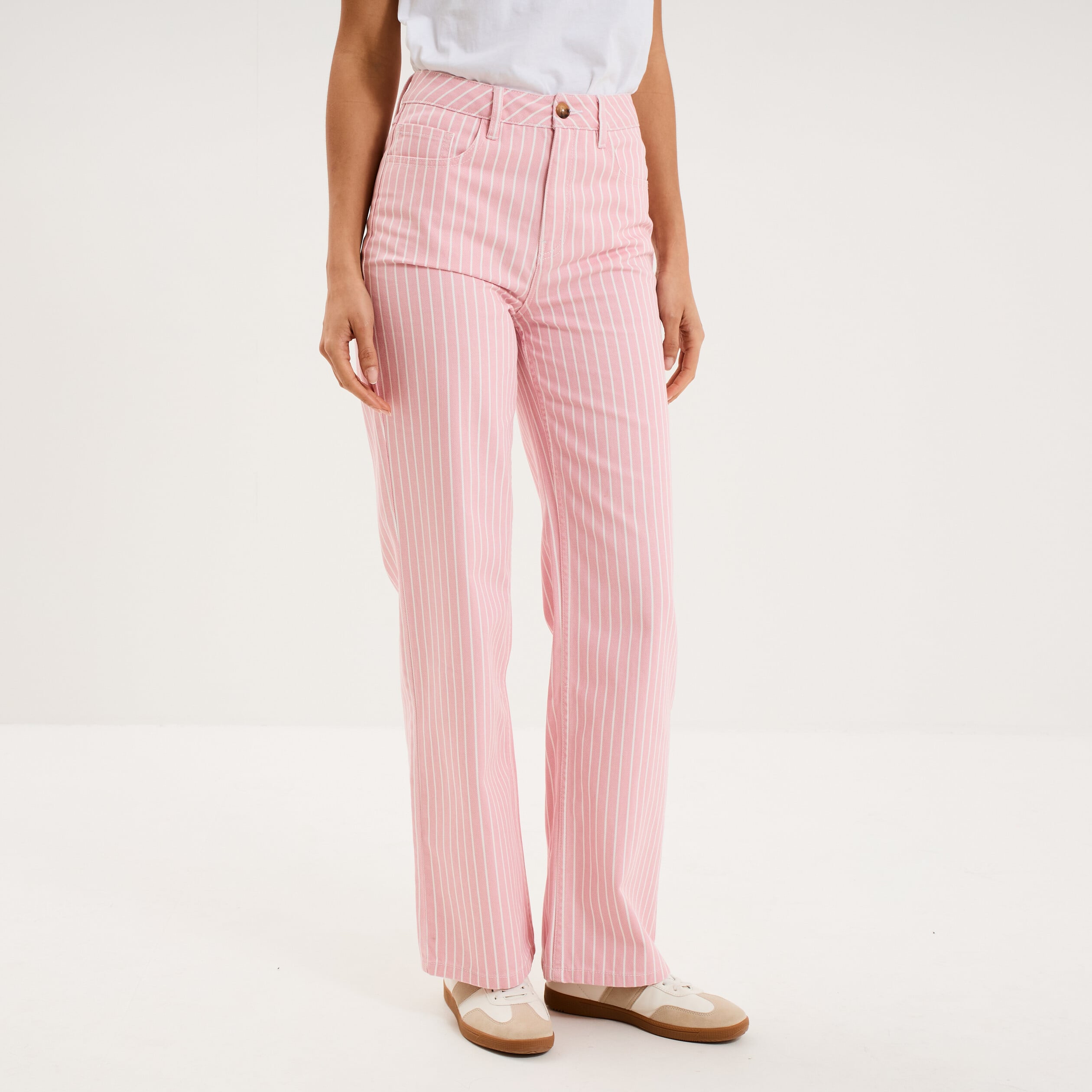 Jean droit taille haute coton rose clair femme