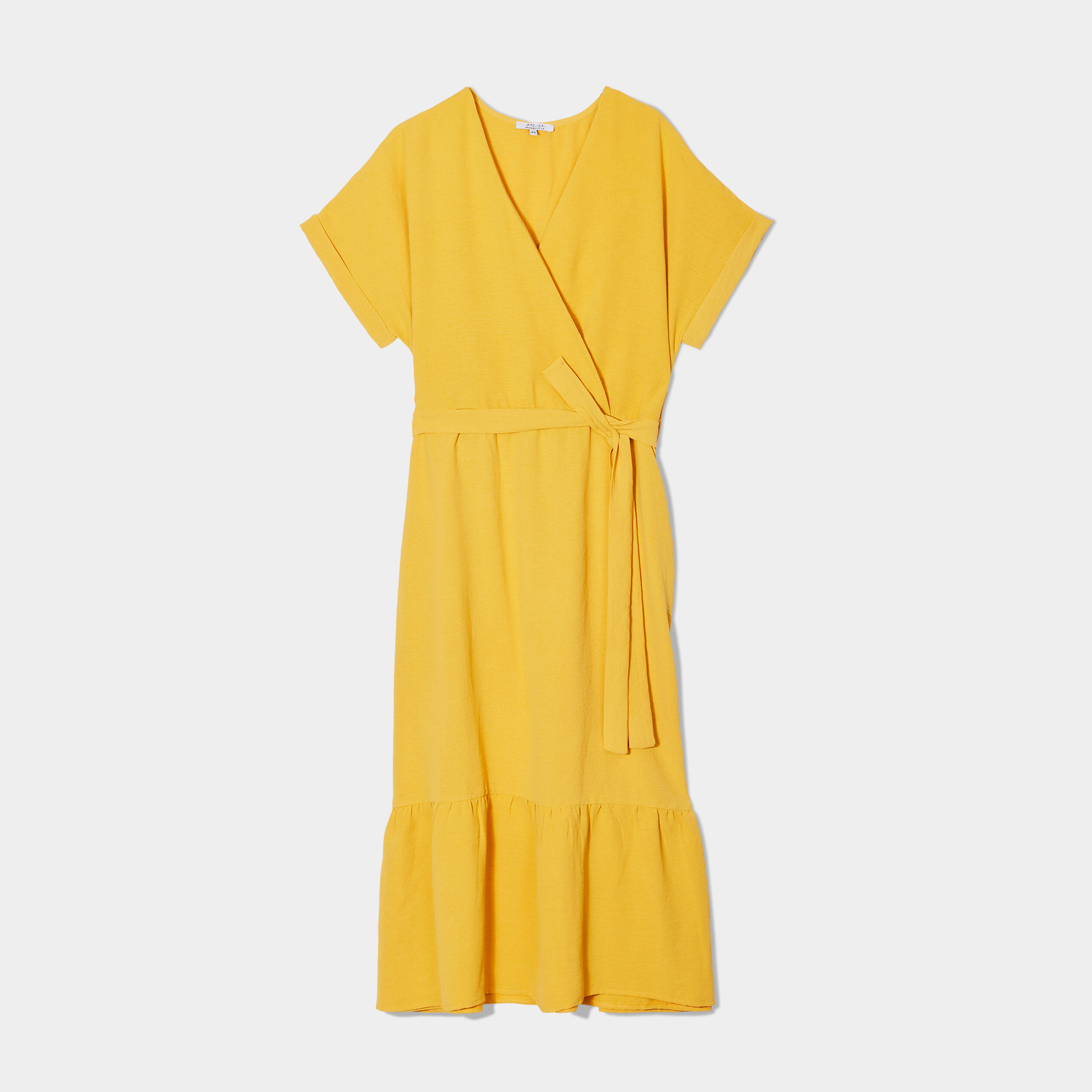 Robe cache-coeur évasée ceinturée jaune moutarde femme