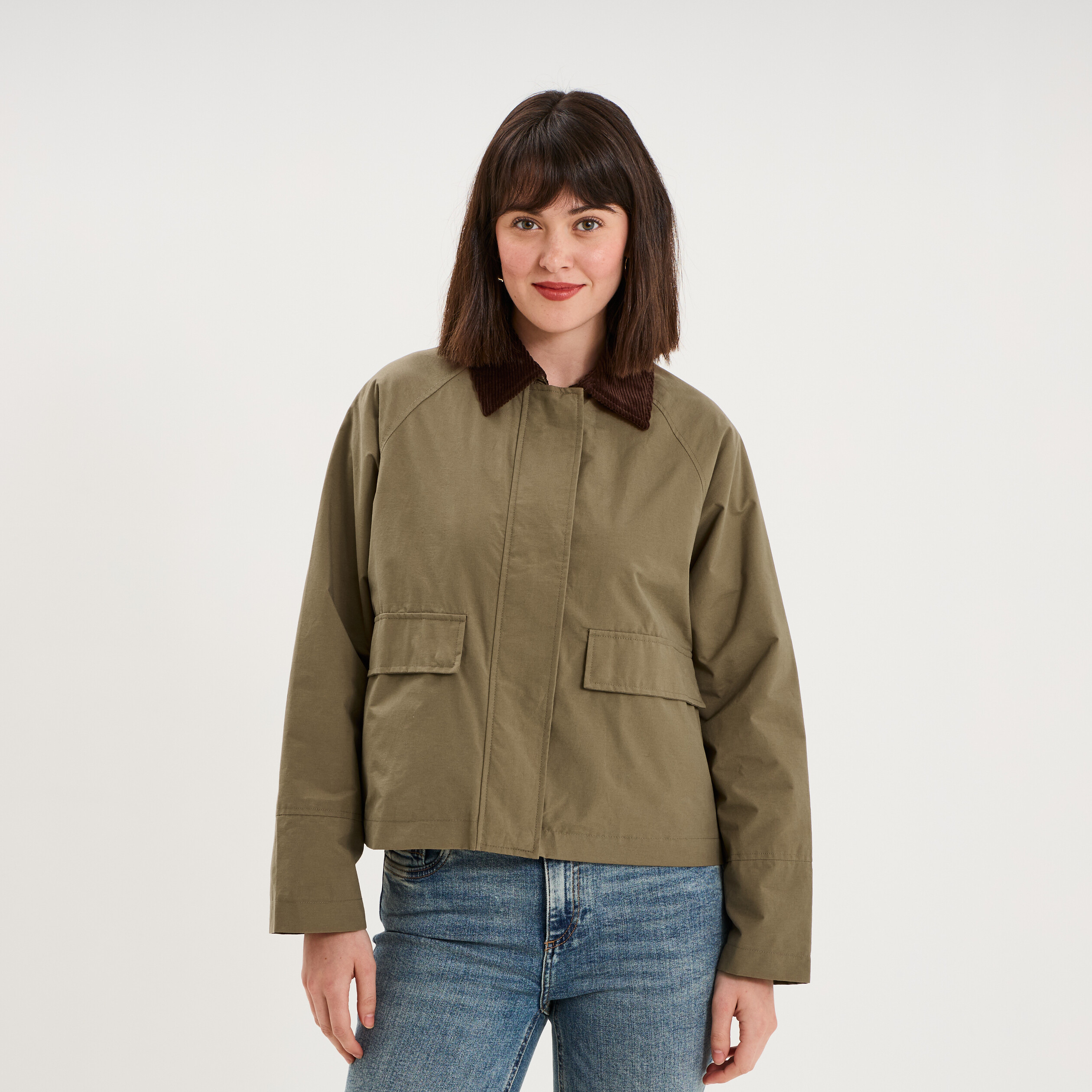 Veste courte oversize col velours c&ocirc;tel&eacute; taupe femme