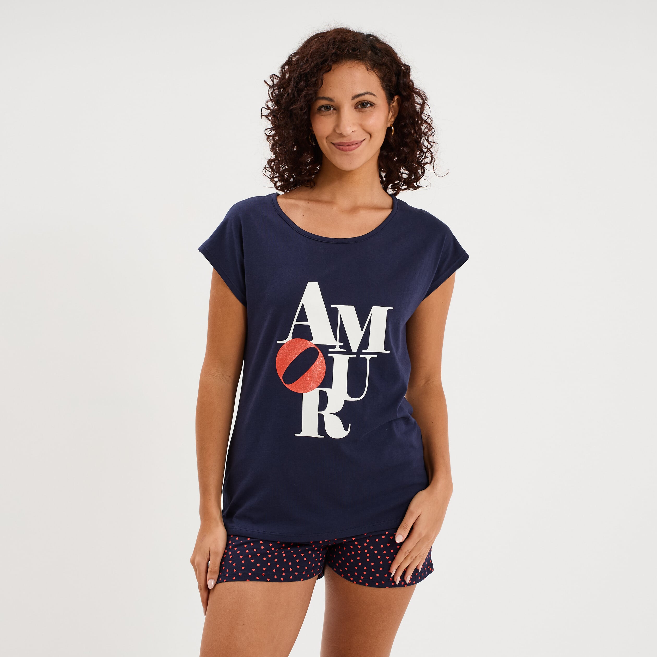Ensemble pyjama t-shirt et short coton bleu marine femme