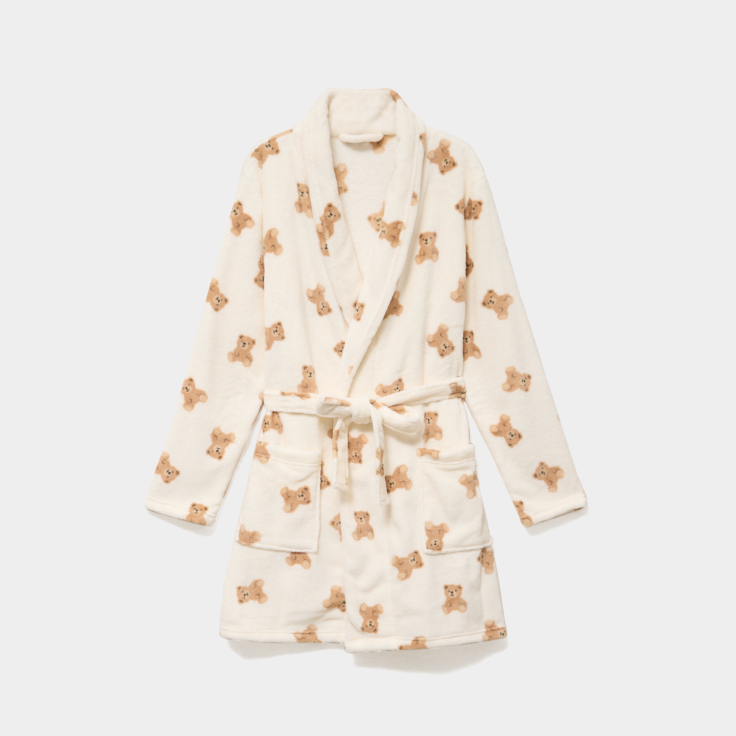 Peignoir court effet velours ceintur&eacute; ecru femme