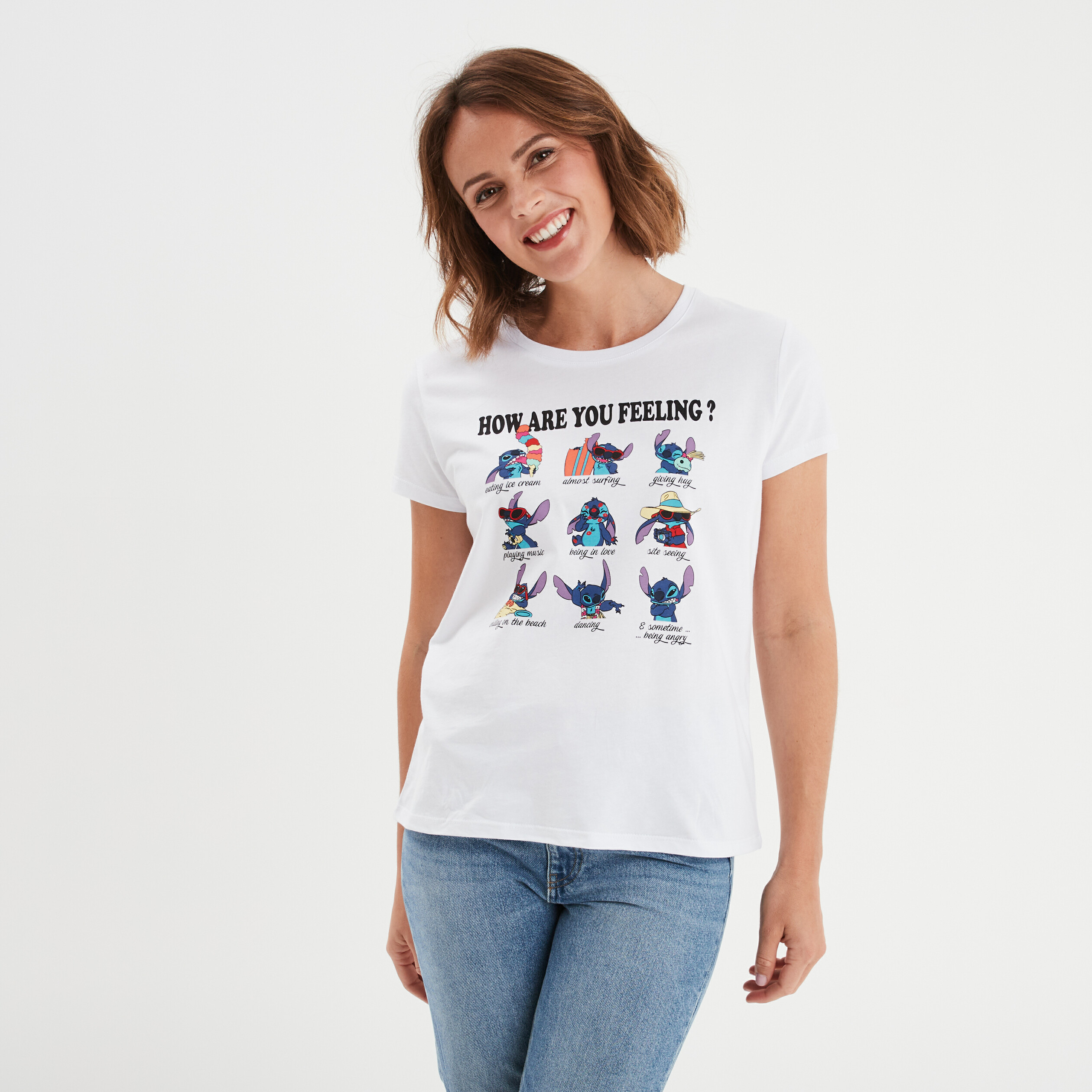 t shirt droit manches courtes stitch blanc femme T-shirt droit manches courtes Stitch blanc femme