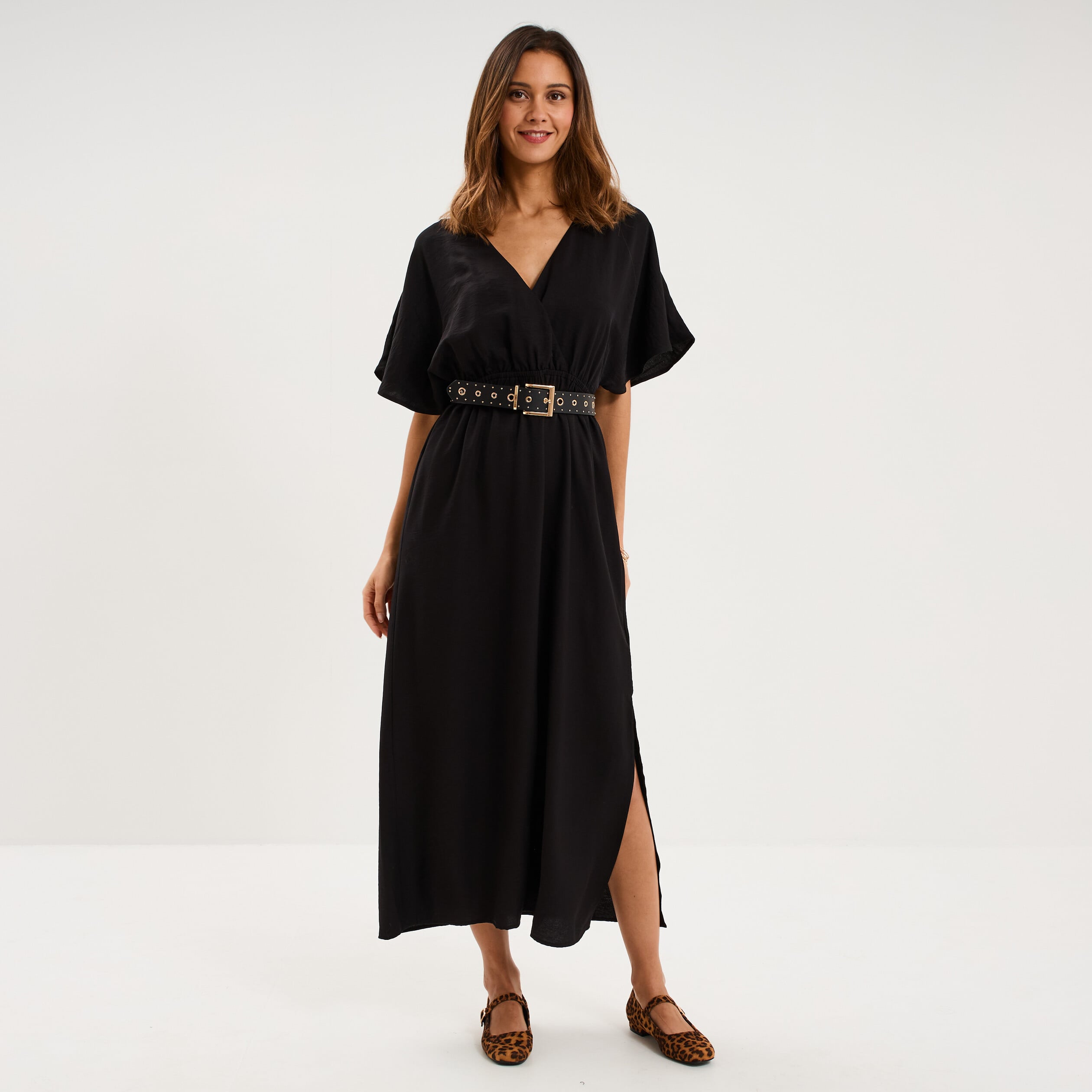 Robe longue &eacute;vas&eacute;e col cache-coeur noir femme