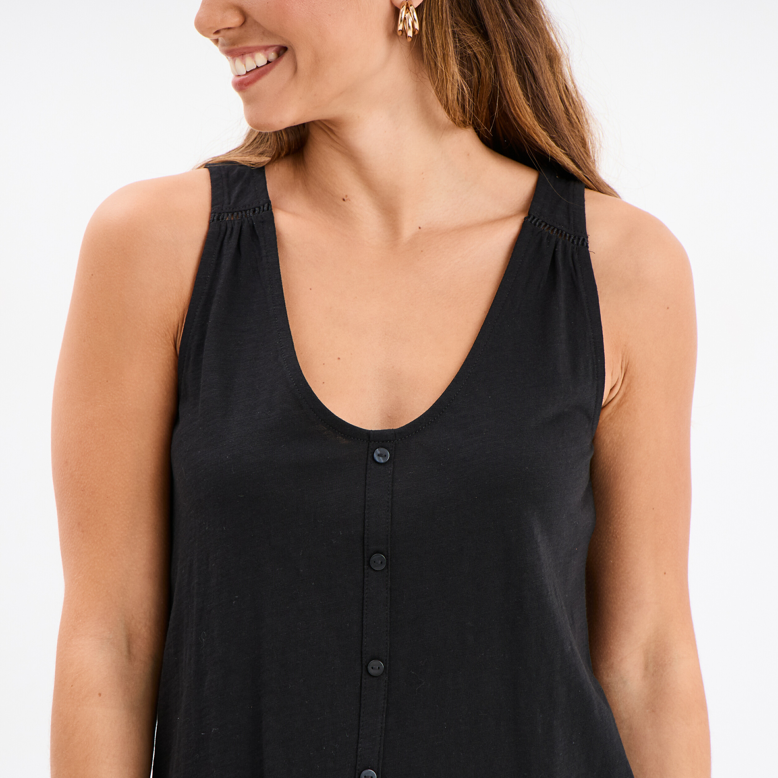 debardeur sans manches a boutons coton noir femme Débardeur sans manches à boutons coton noir femme