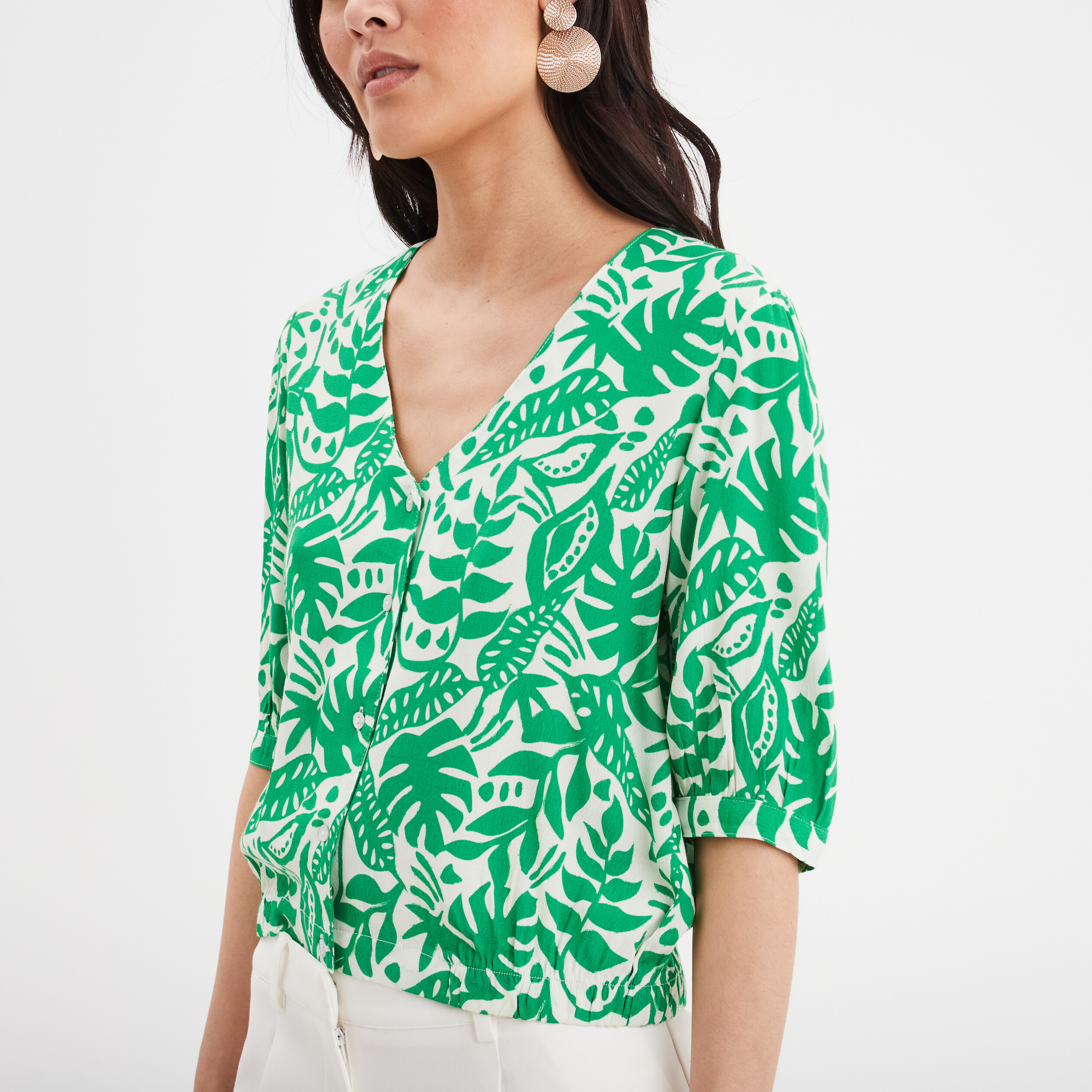 blouse col en v manches ballons vert femme Blouse col en V manches ballons vert femme