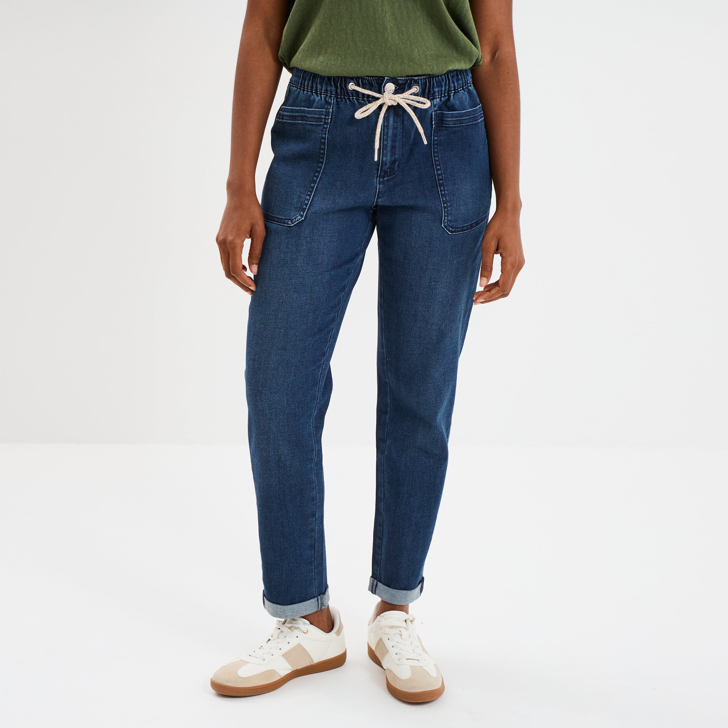 Jeans droit cropped taille &eacute;lastiqu&eacute;e bleu femme