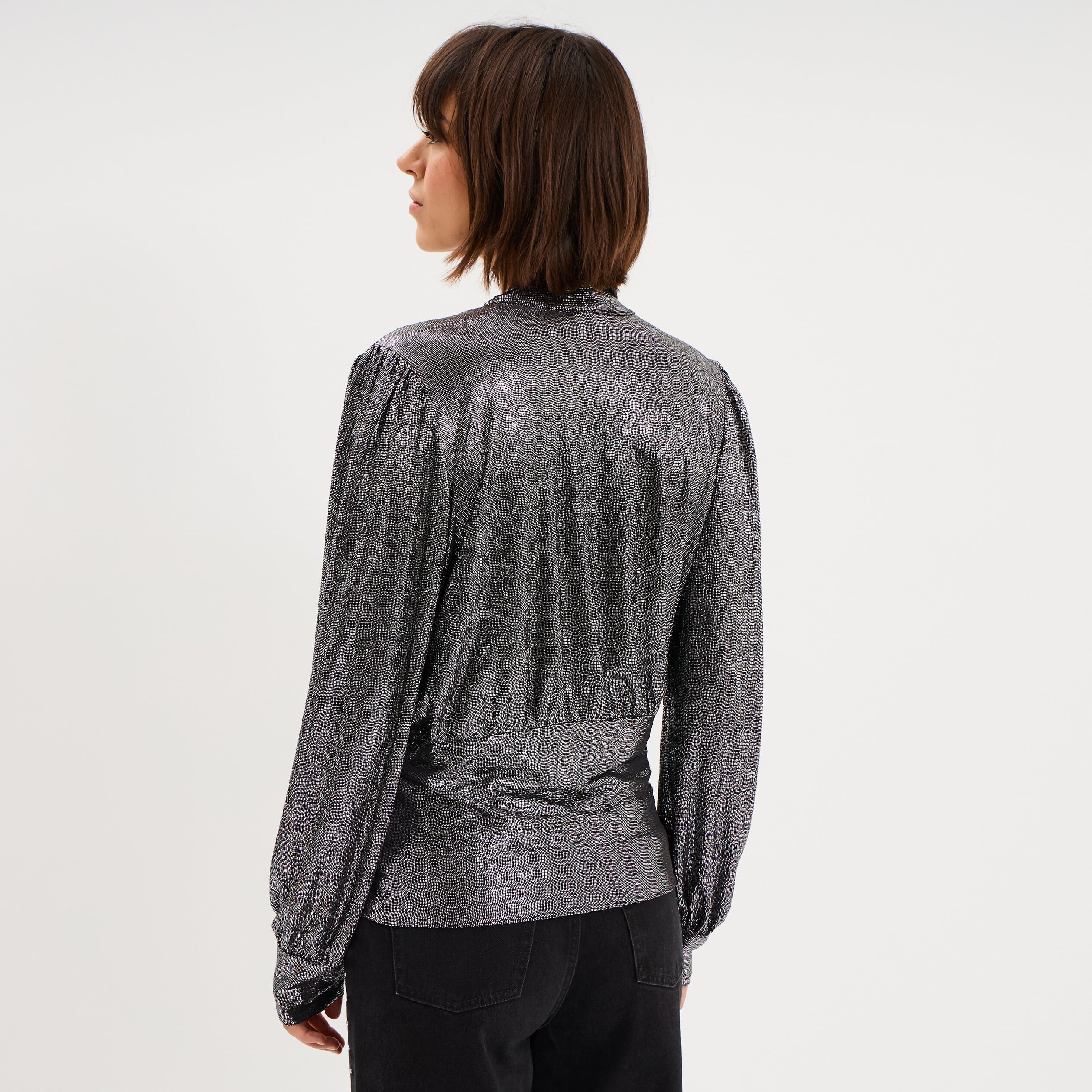 Blouse ajust&eacute;e col lavalli&egrave;re gris argent femme