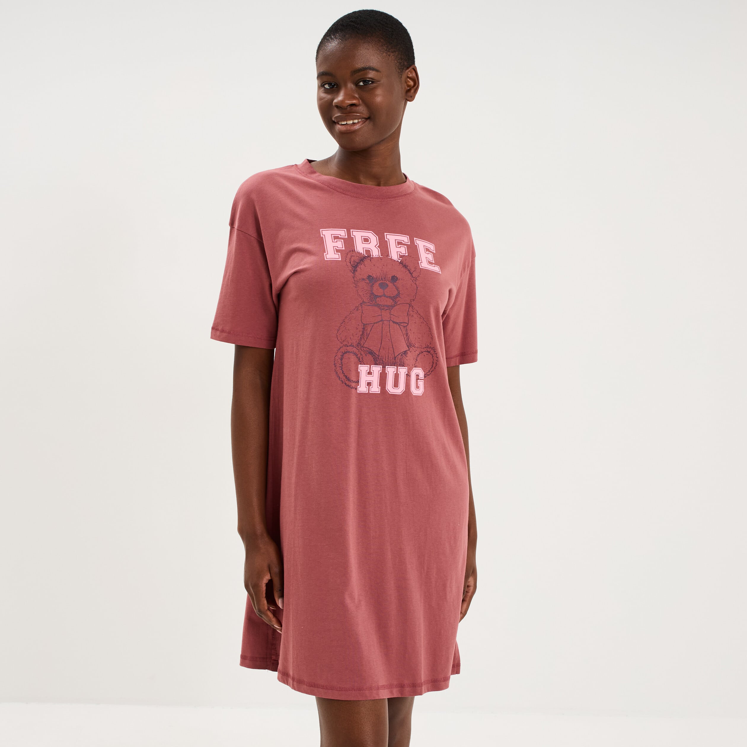 Chemise de nuit courte coton rose framboise femme