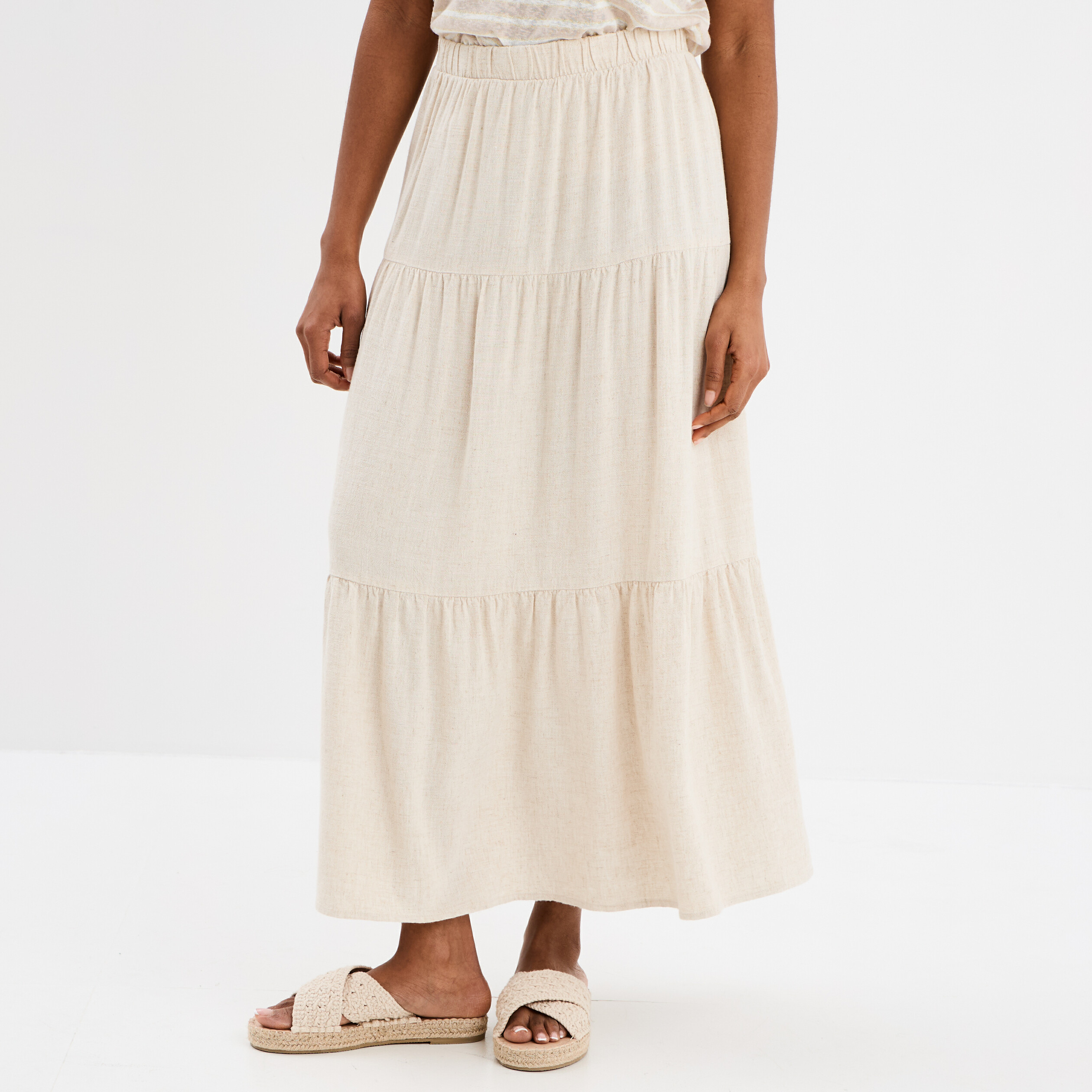 jupe midi evasee lin melange beige femme Jupe midi évasée lin mélangé beige femme