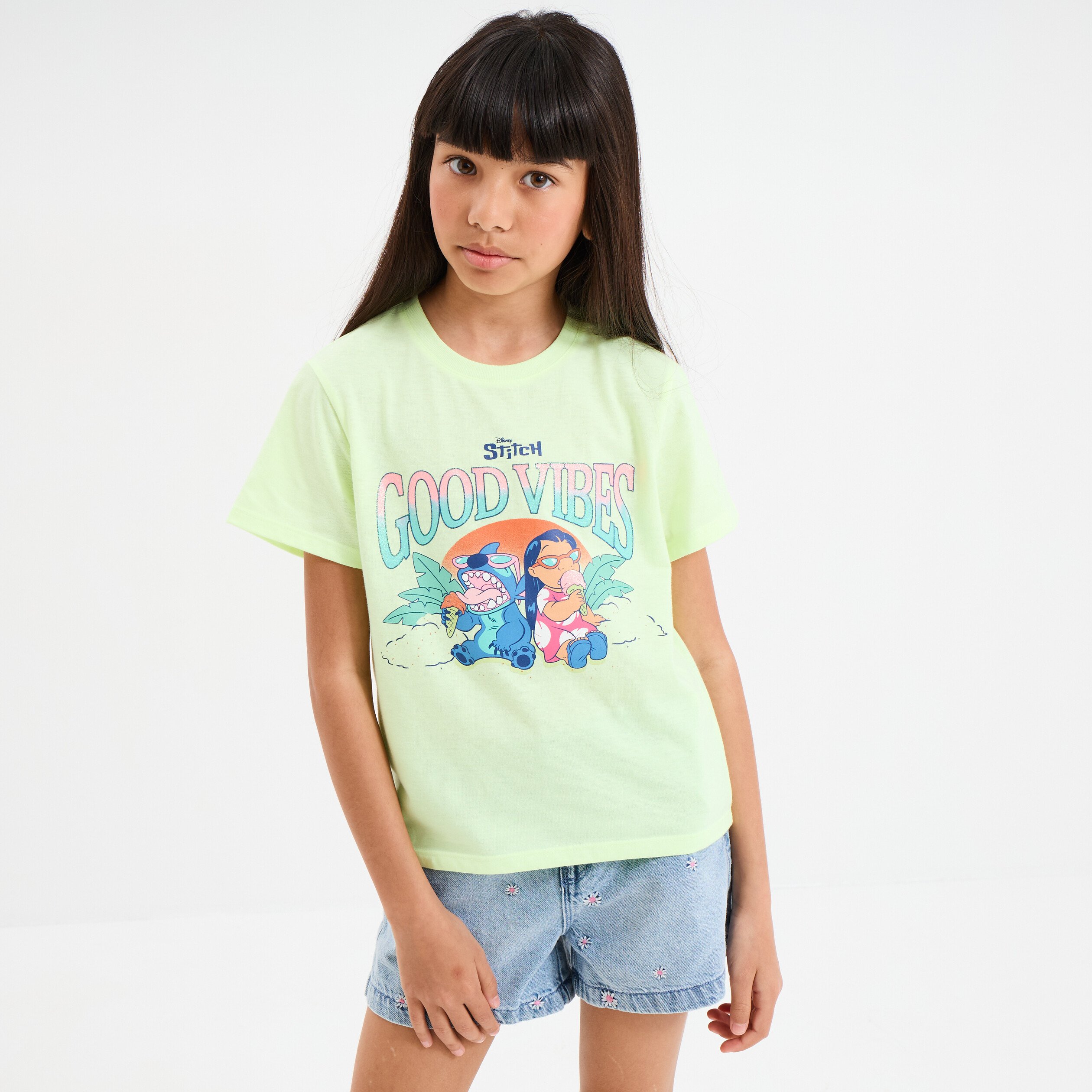 t shirt manches courtes stitch jaune fluo fille T-shirt manches courtes Stitch jaune fluo fille