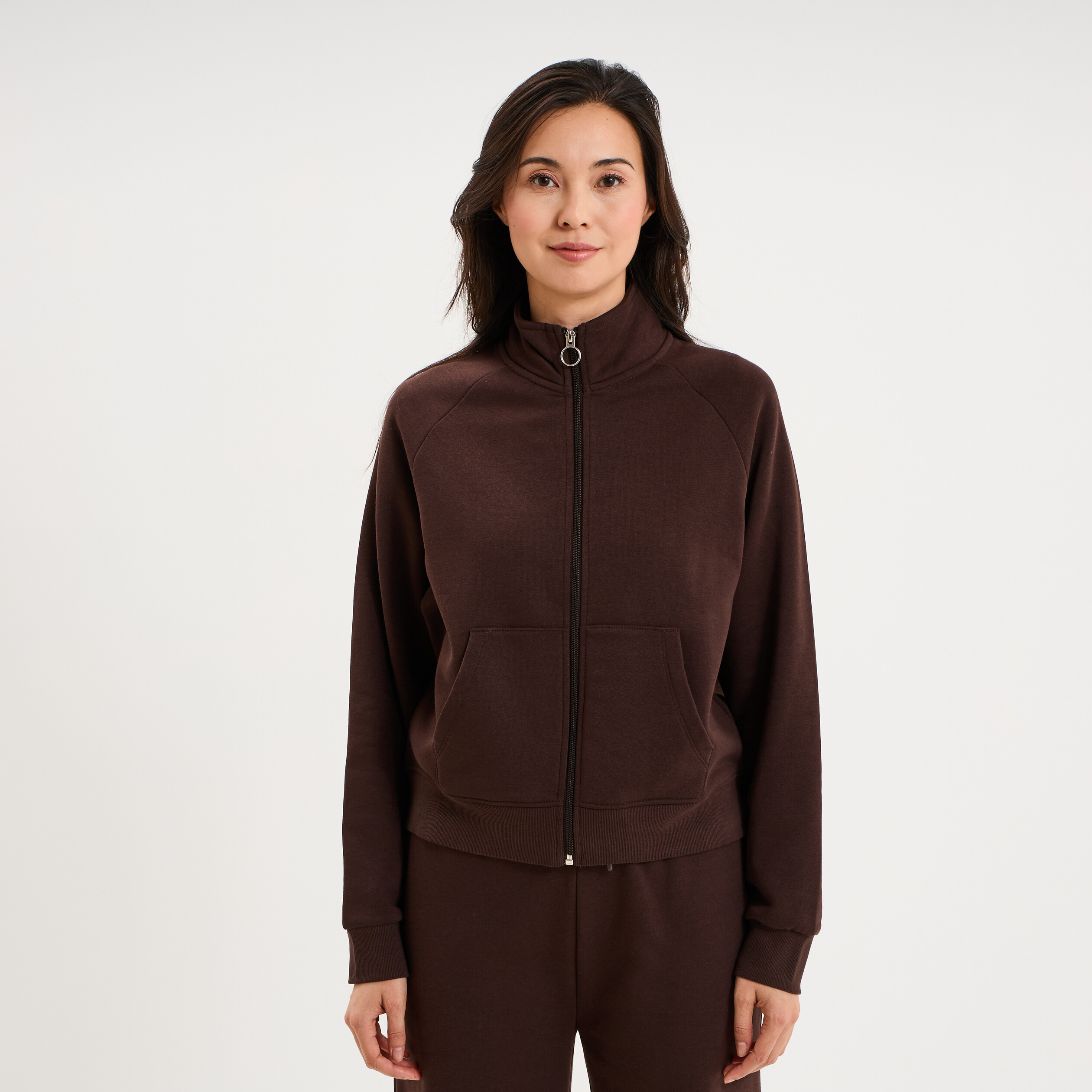 Sweat zipp&eacute; molleton col montant marron fonc&eacute; femme