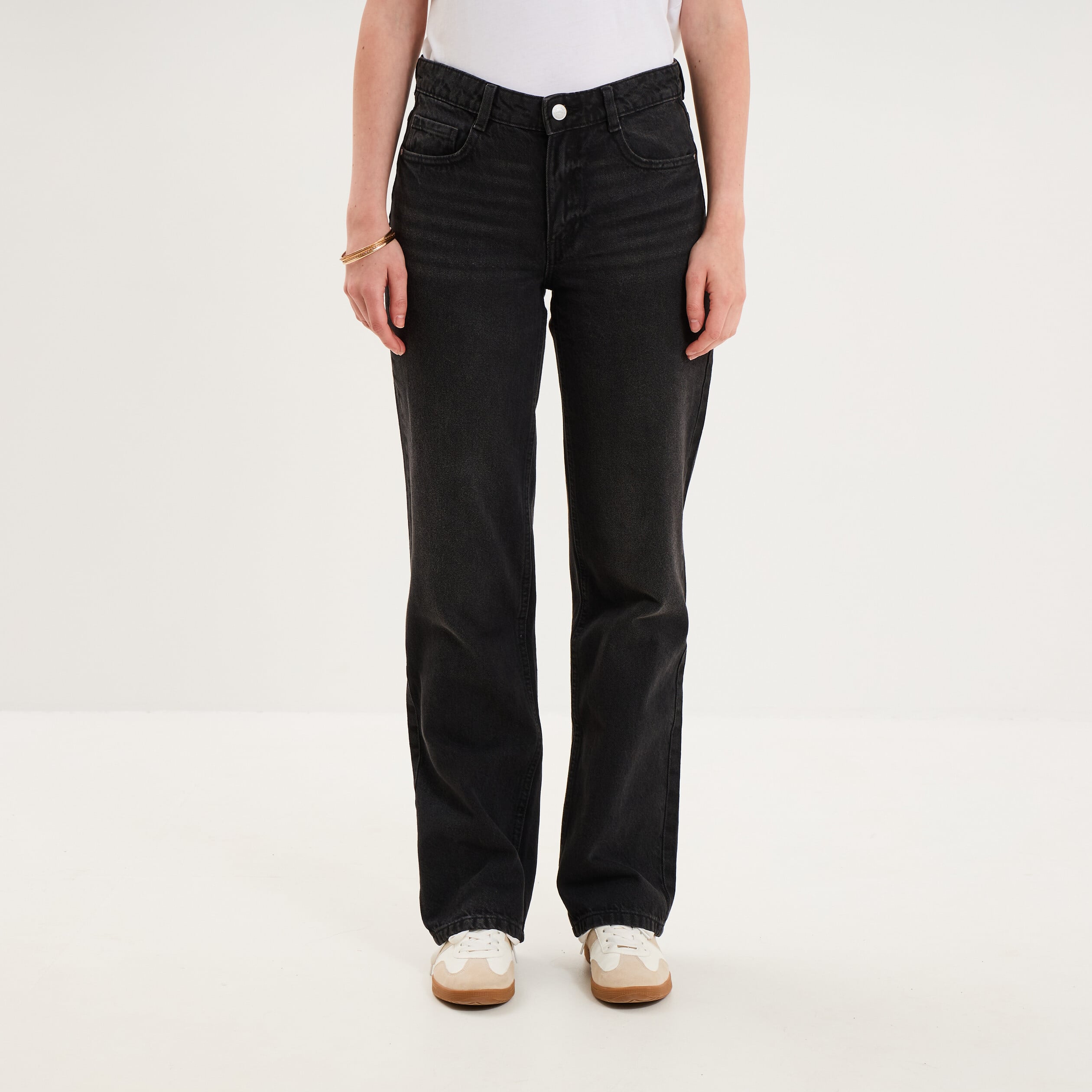 Jean droit taille basse coton denim noir femme