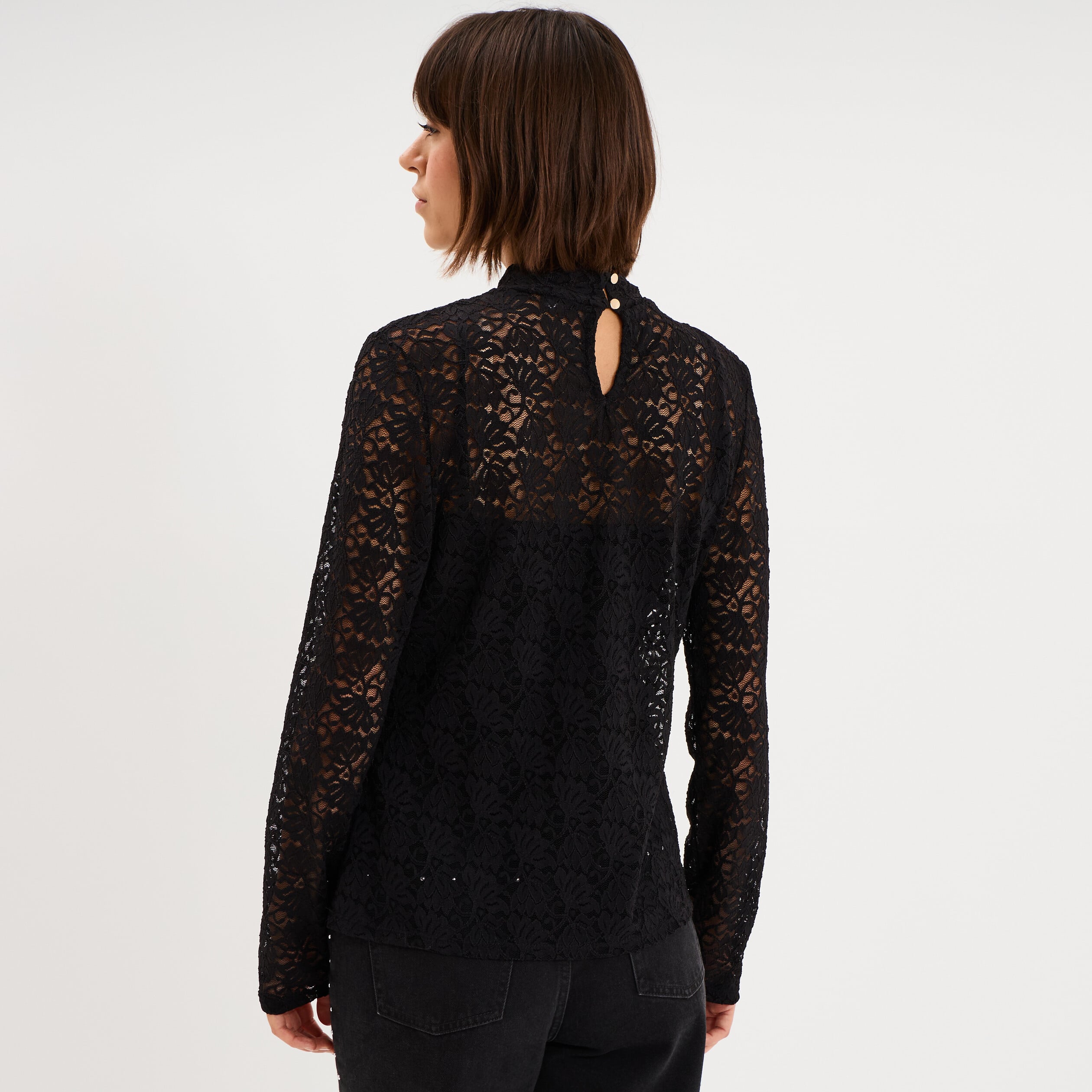 Blouse dentelle col montant noir femme